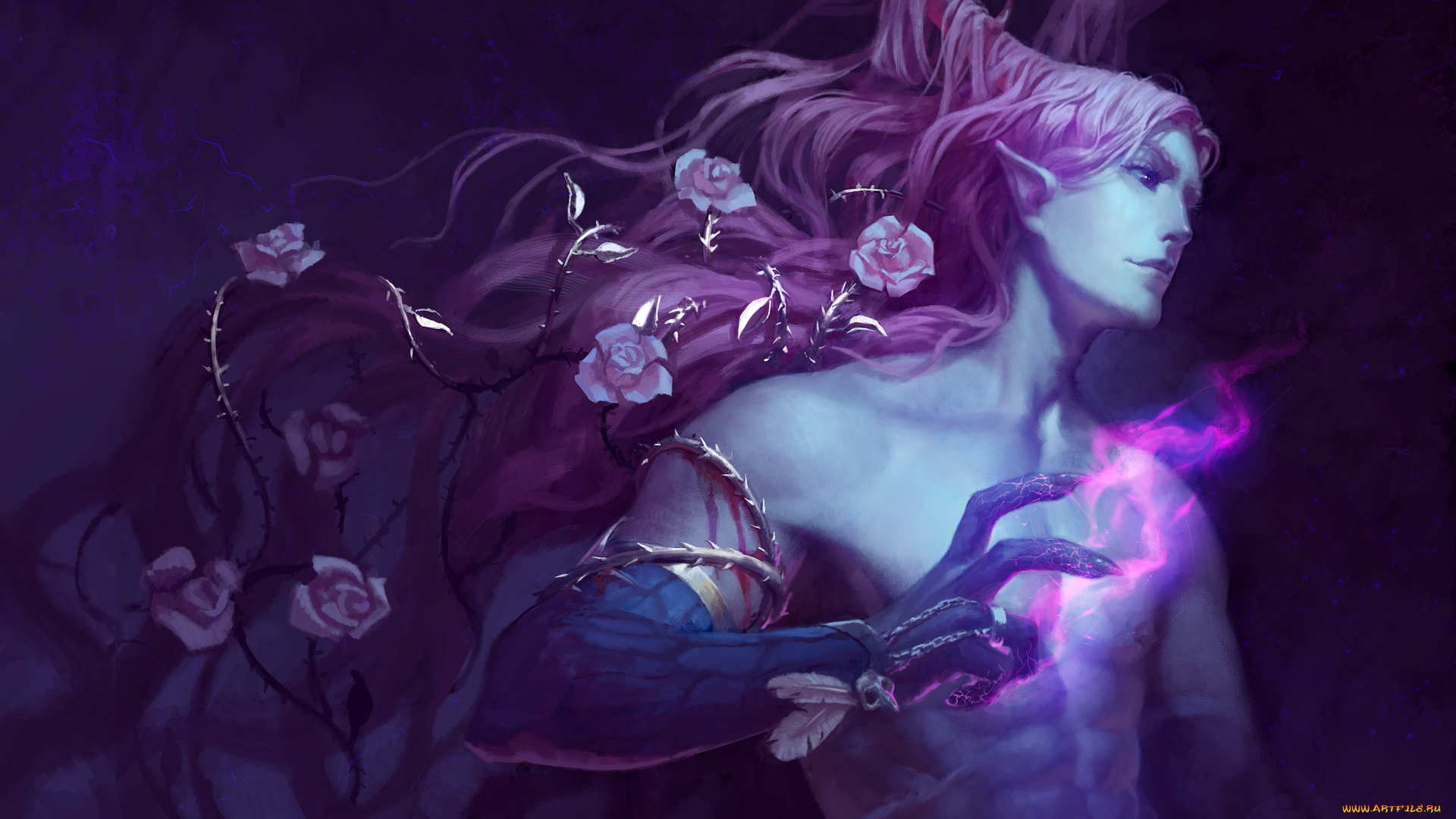 аниме, животные, , существа, существо, фон, рога, розы, магия