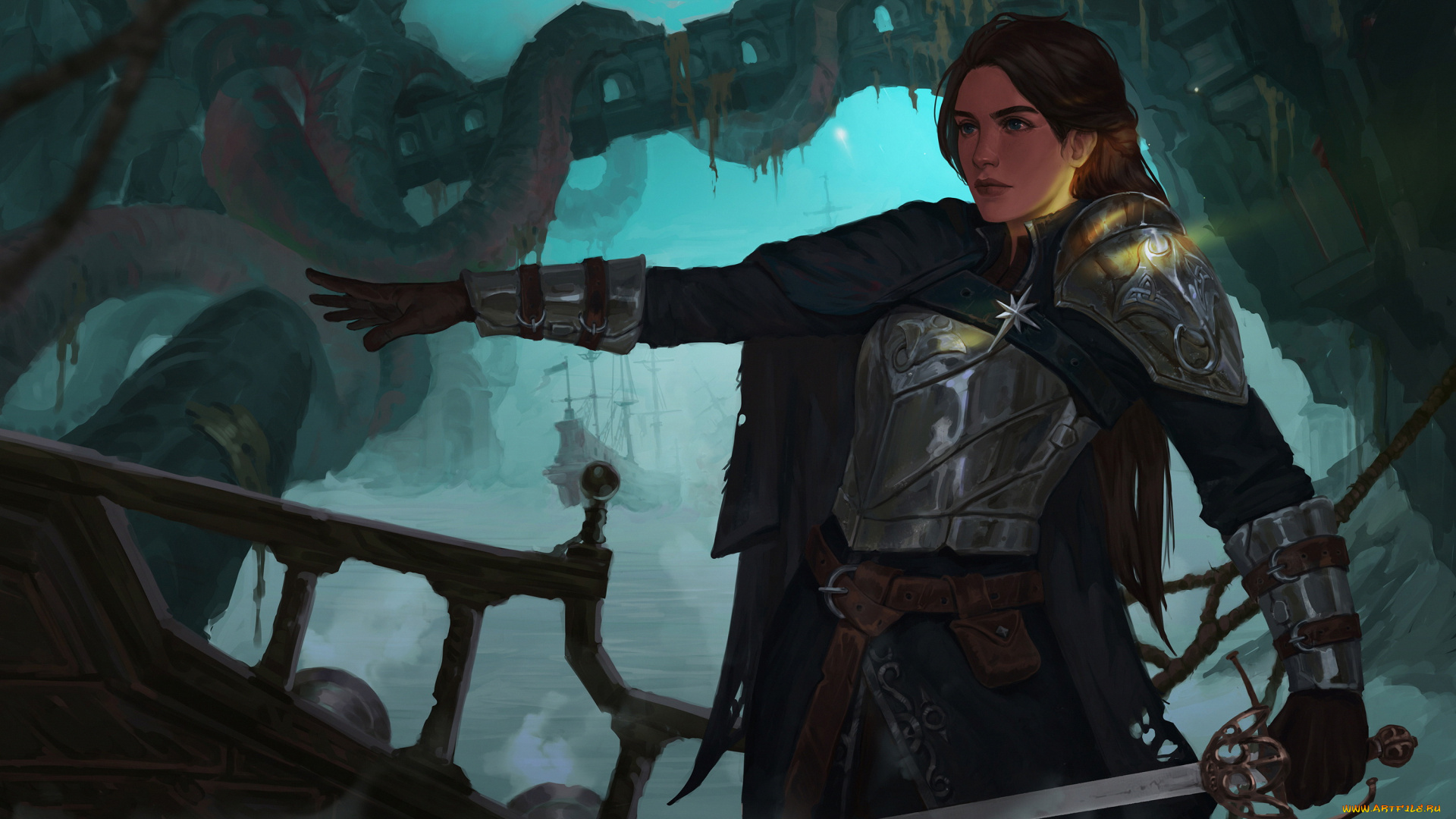 фэнтези, девушки, девушка, фон, латы, меч