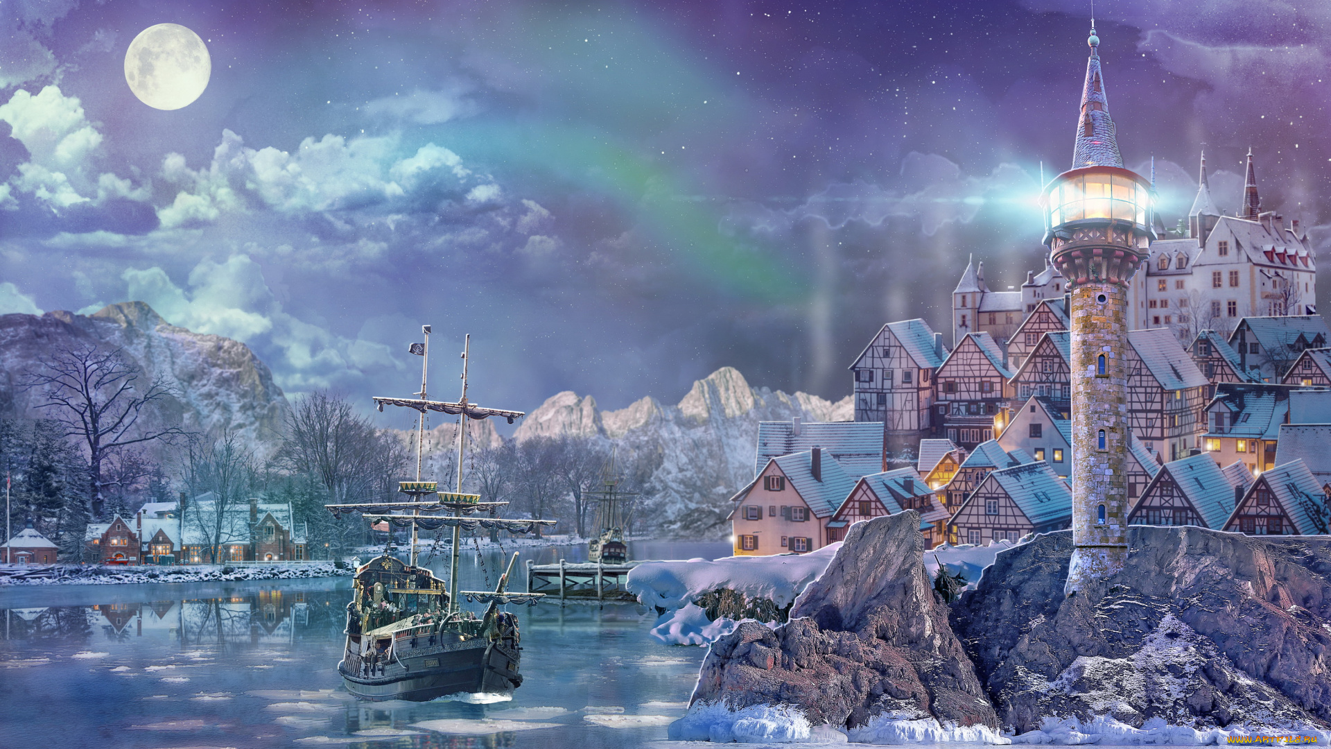 рисованное, города, корабль, зима, горы, фон, город