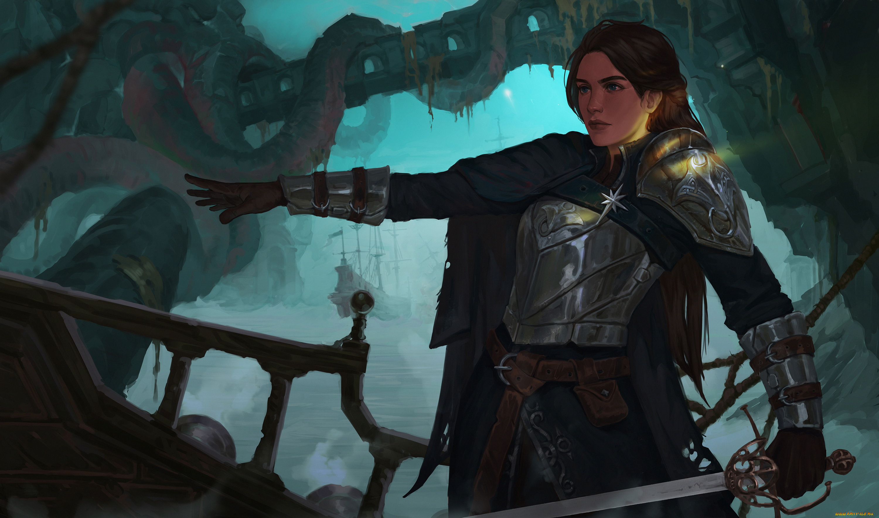 фэнтези, девушки, девушка, фон, латы, меч