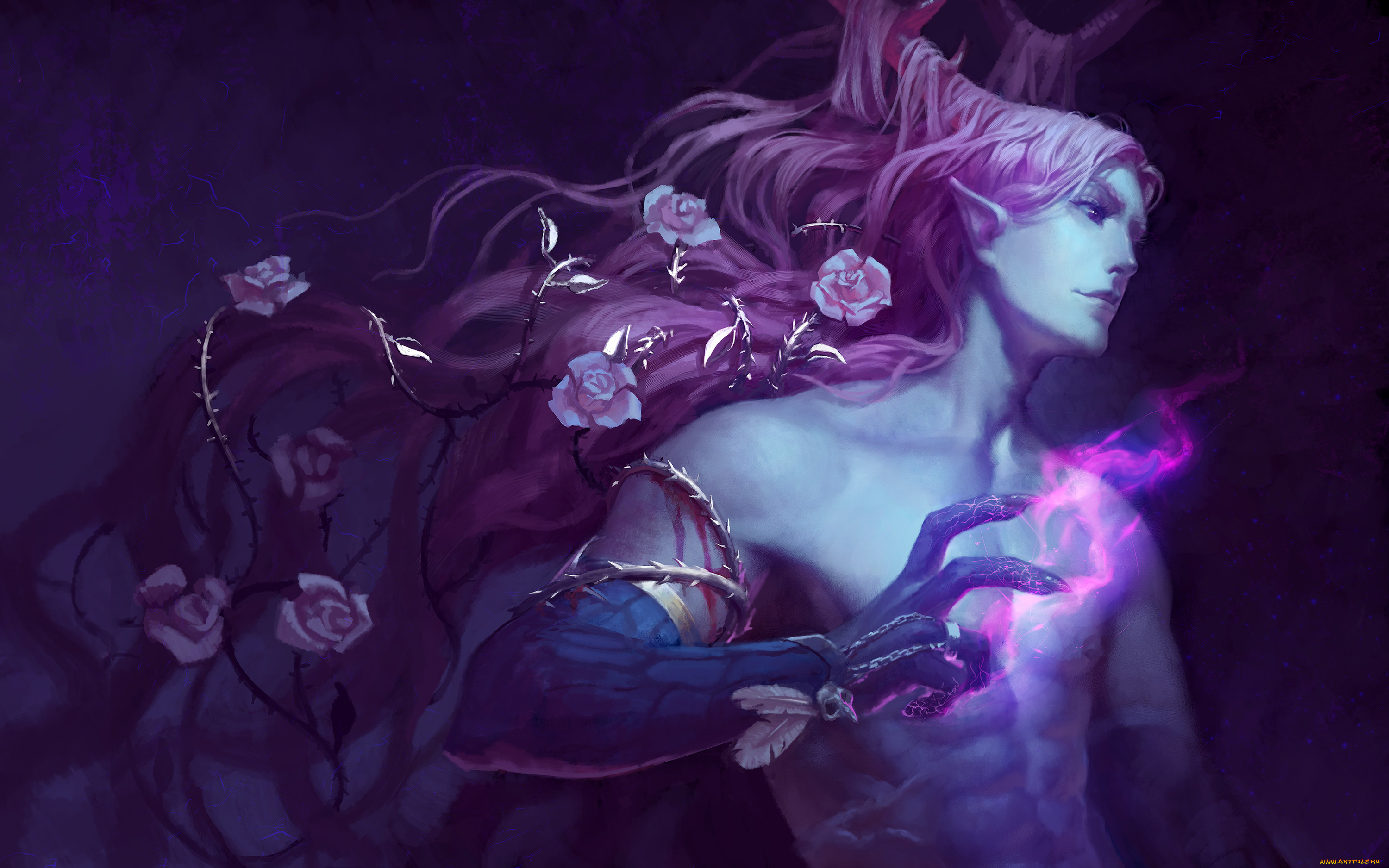 аниме, животные, , существа, существо, фон, рога, розы, магия