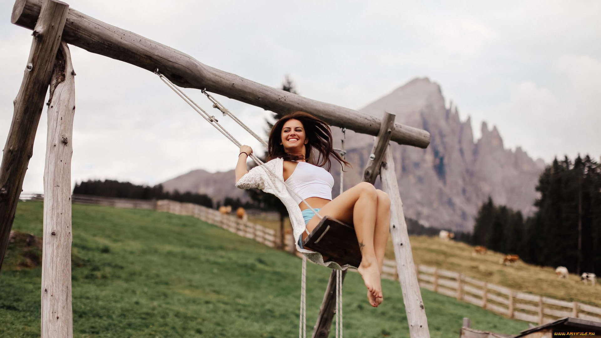 девушки, -, брюнетки, , шатенки, качели, брюнетка