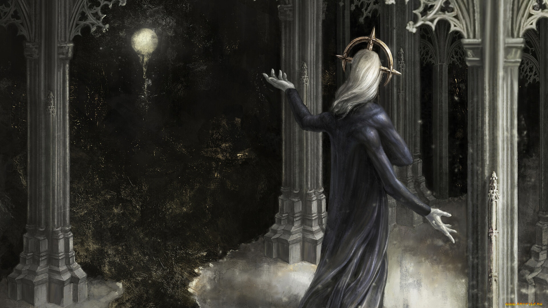 фэнтези, существа, руки, луна, здание