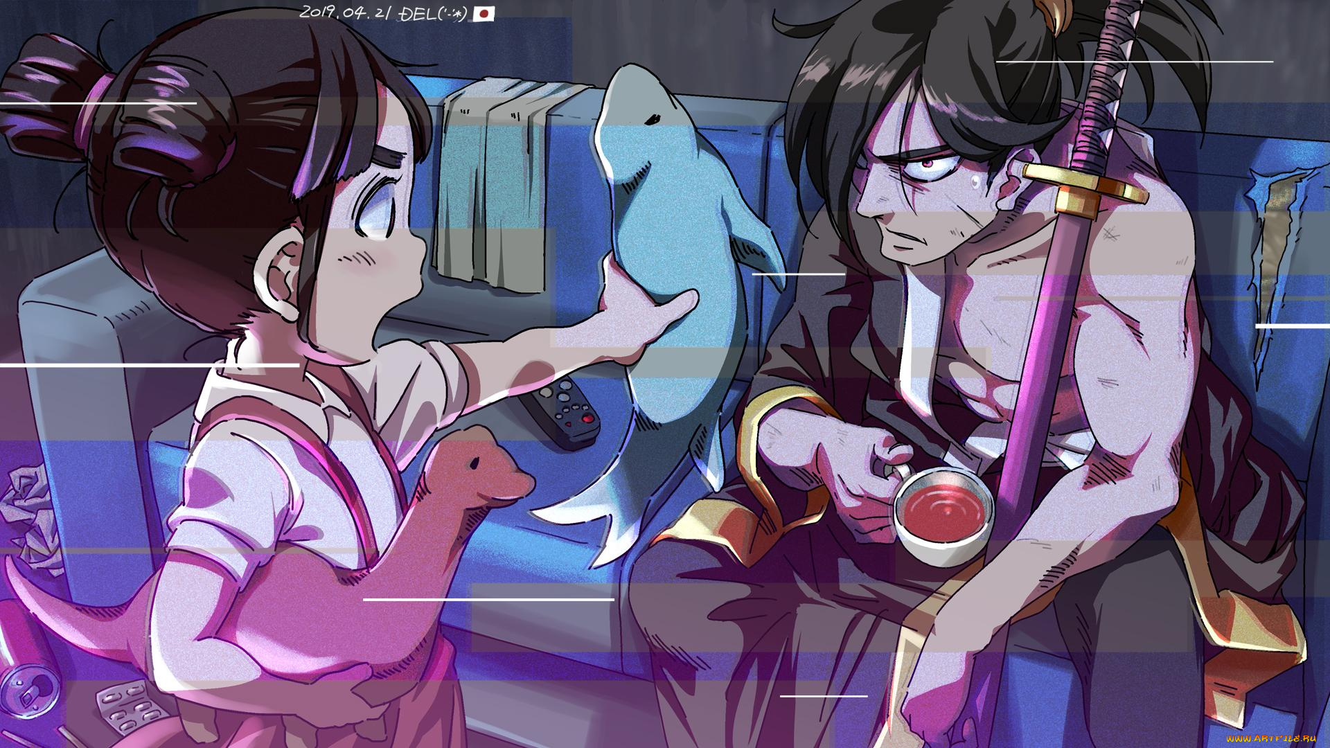 видео, игры, katana, zero, девочка, игрушки, диван, парень, меч, чашка