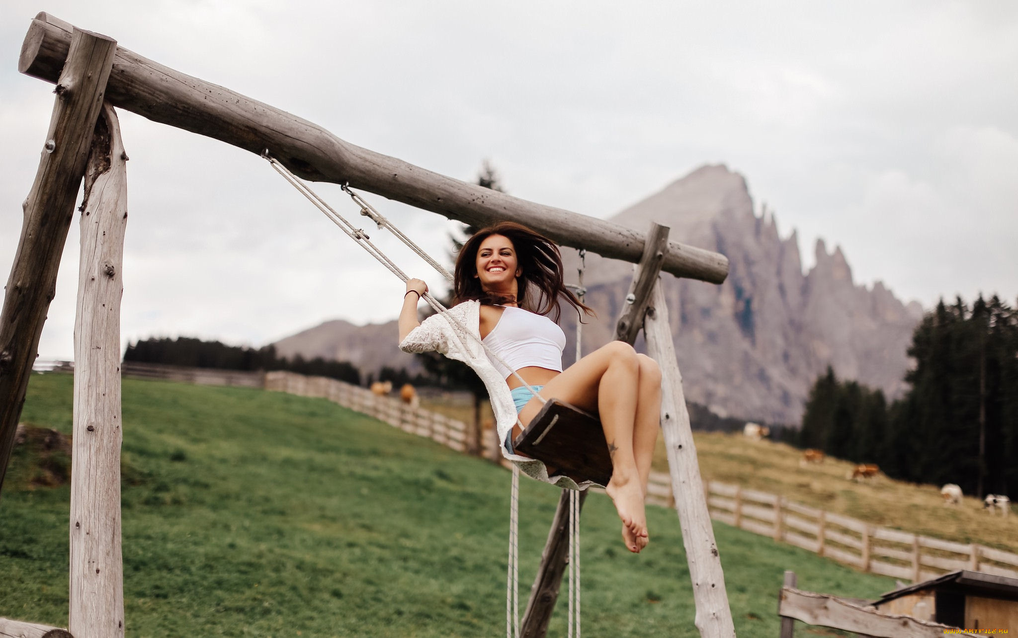 девушки, -, брюнетки, , шатенки, качели, брюнетка