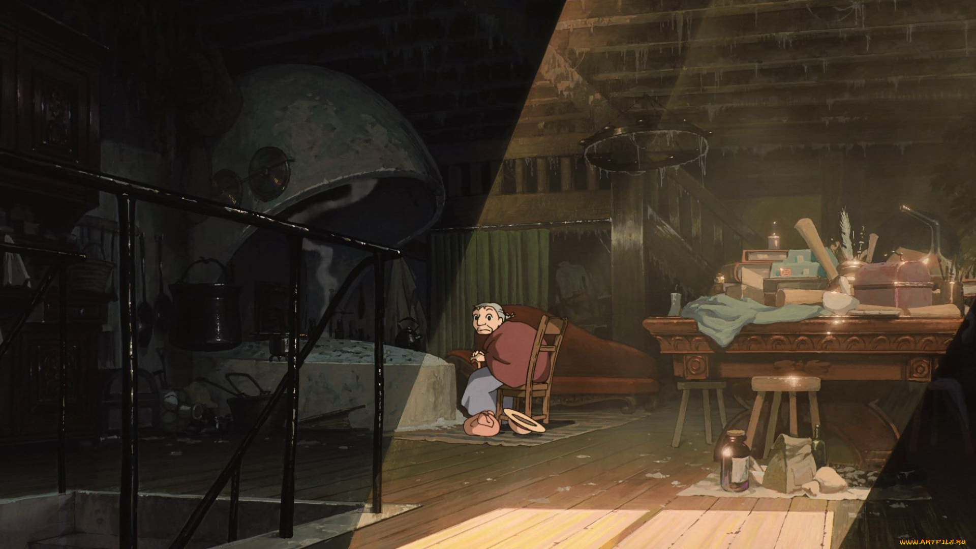 аниме, howl`s, moving, castle, старушка, камин, комната, лестница