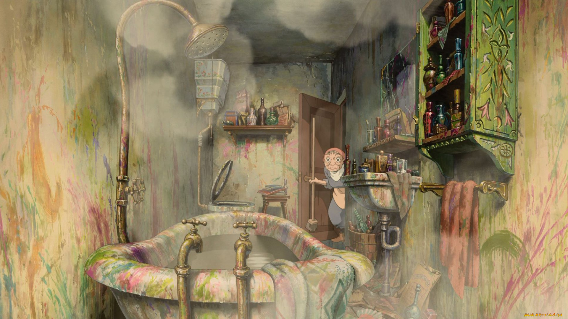 аниме, howl`s, moving, castle, старушка, ванная, краска