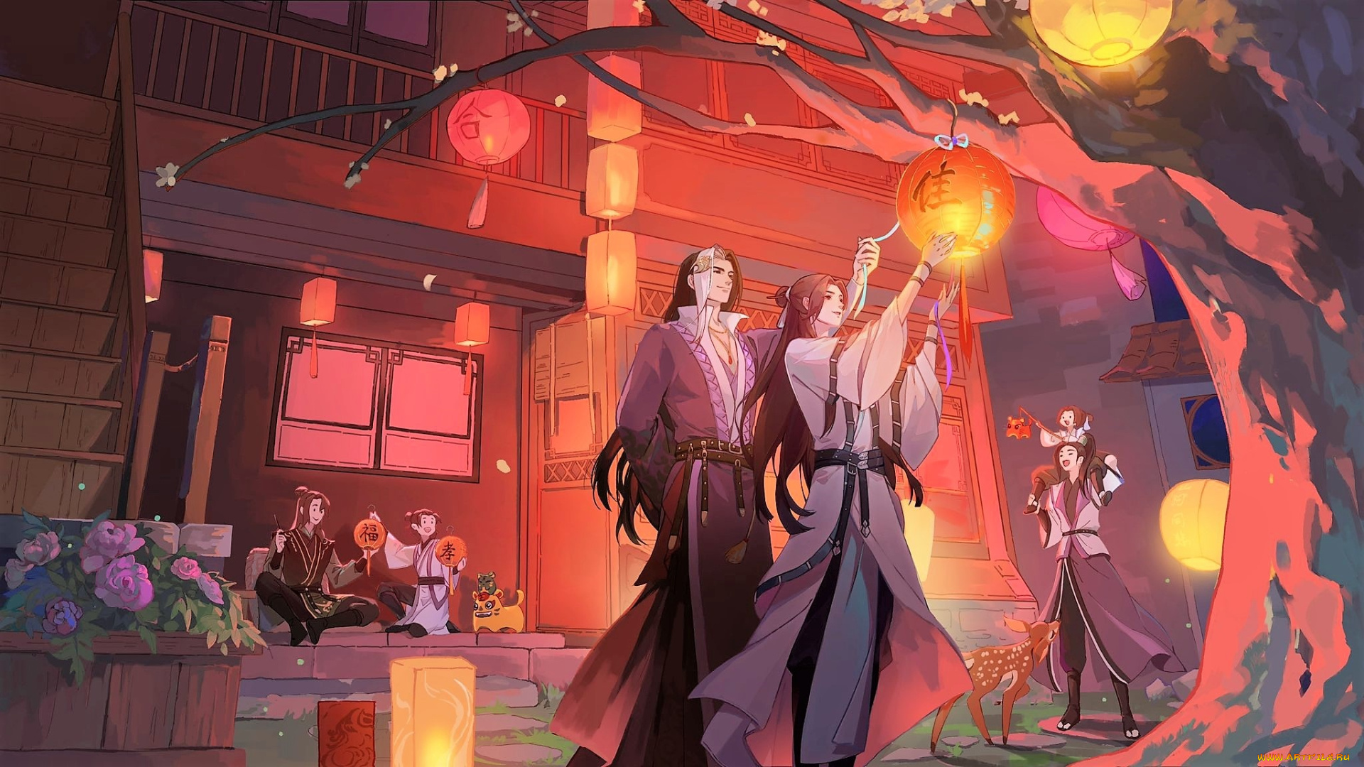 аниме, unknown, , другое, , люди, дети, фонари, дом, дерево