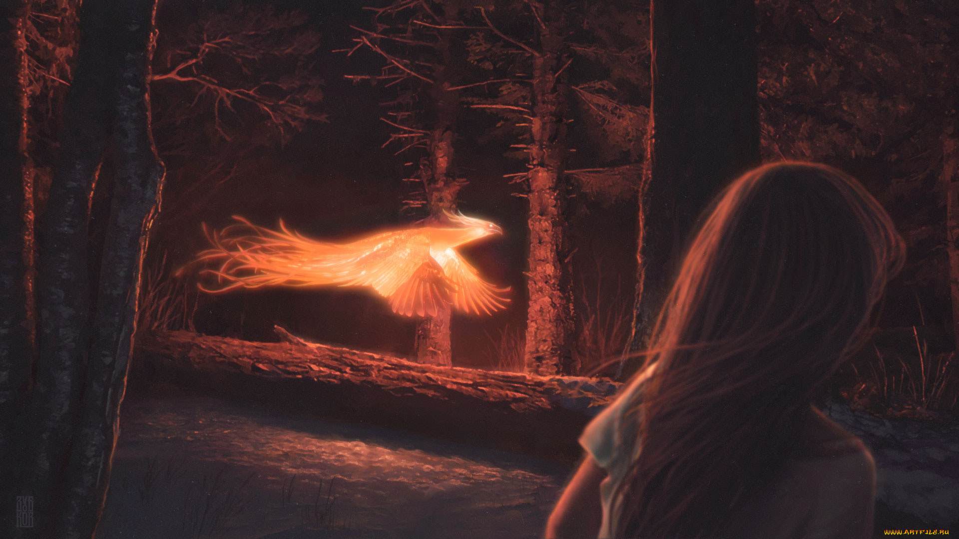 фэнтези, существа, девушка, лес, бревно, феникс