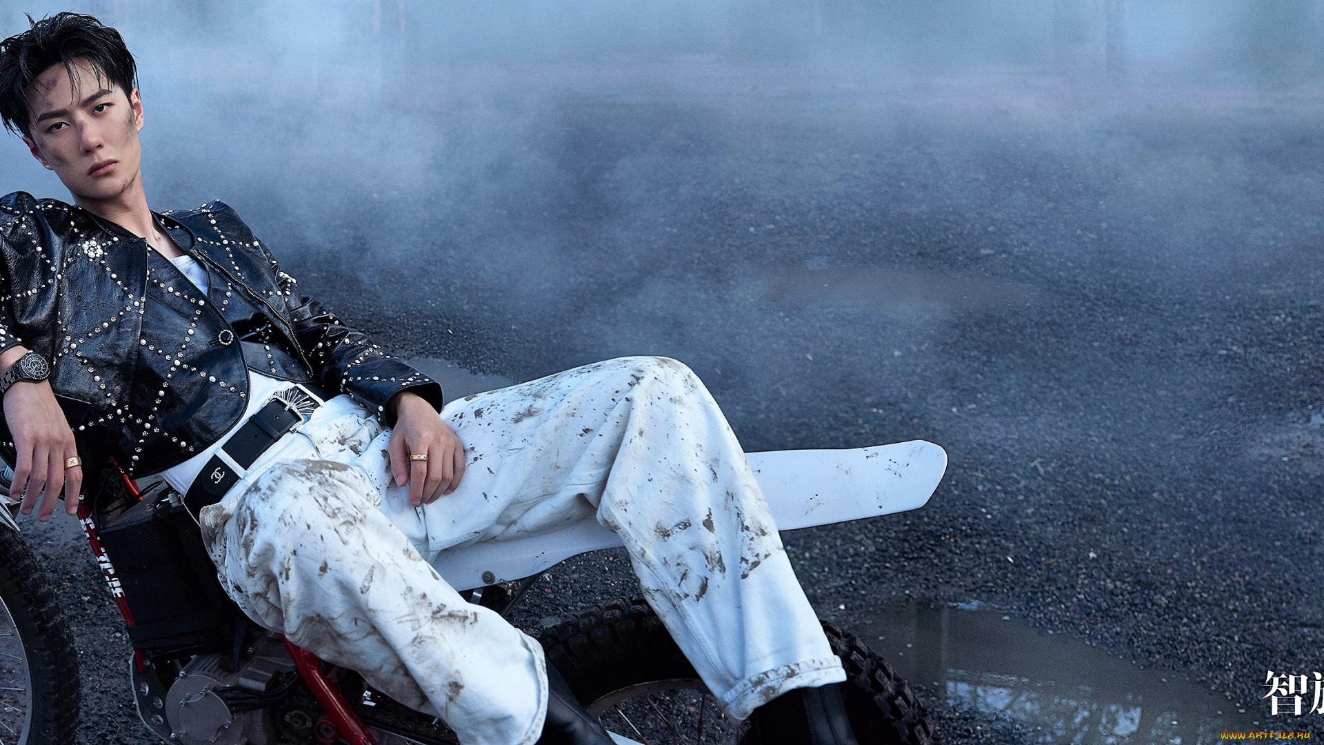 мужчины, wang, yi, bo, актер, певец, мотоцикл, грязь, лужи