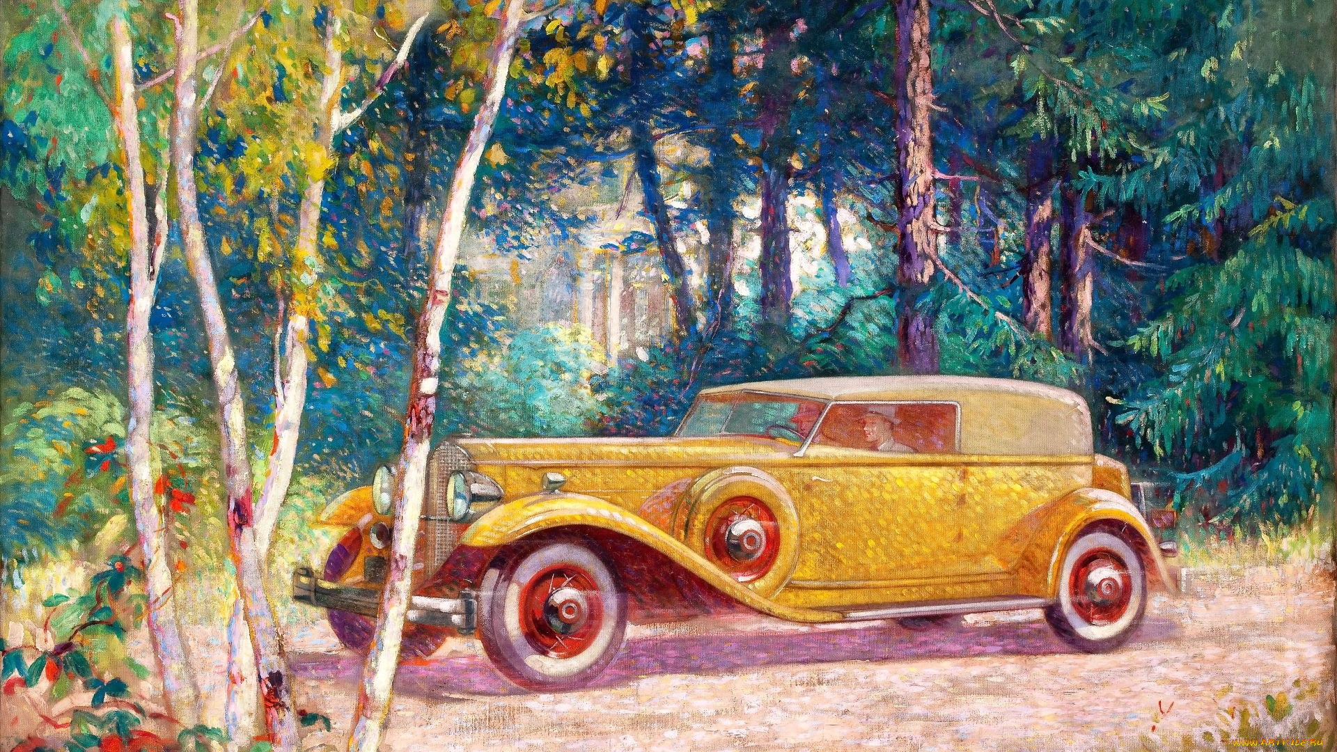 рисованное, авто, мото, машина, ретро, лес