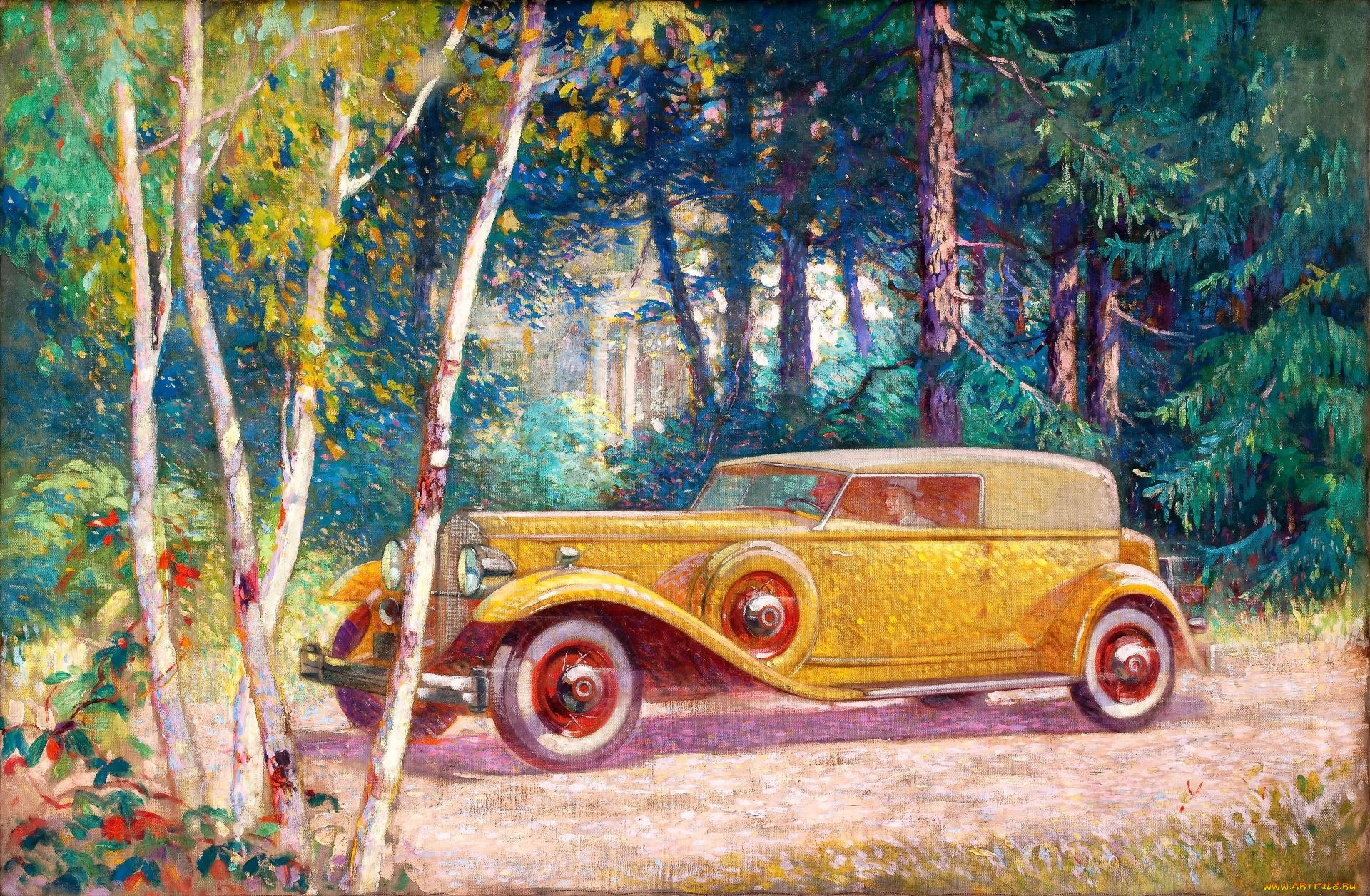 рисованное, авто, мото, машина, ретро, лес