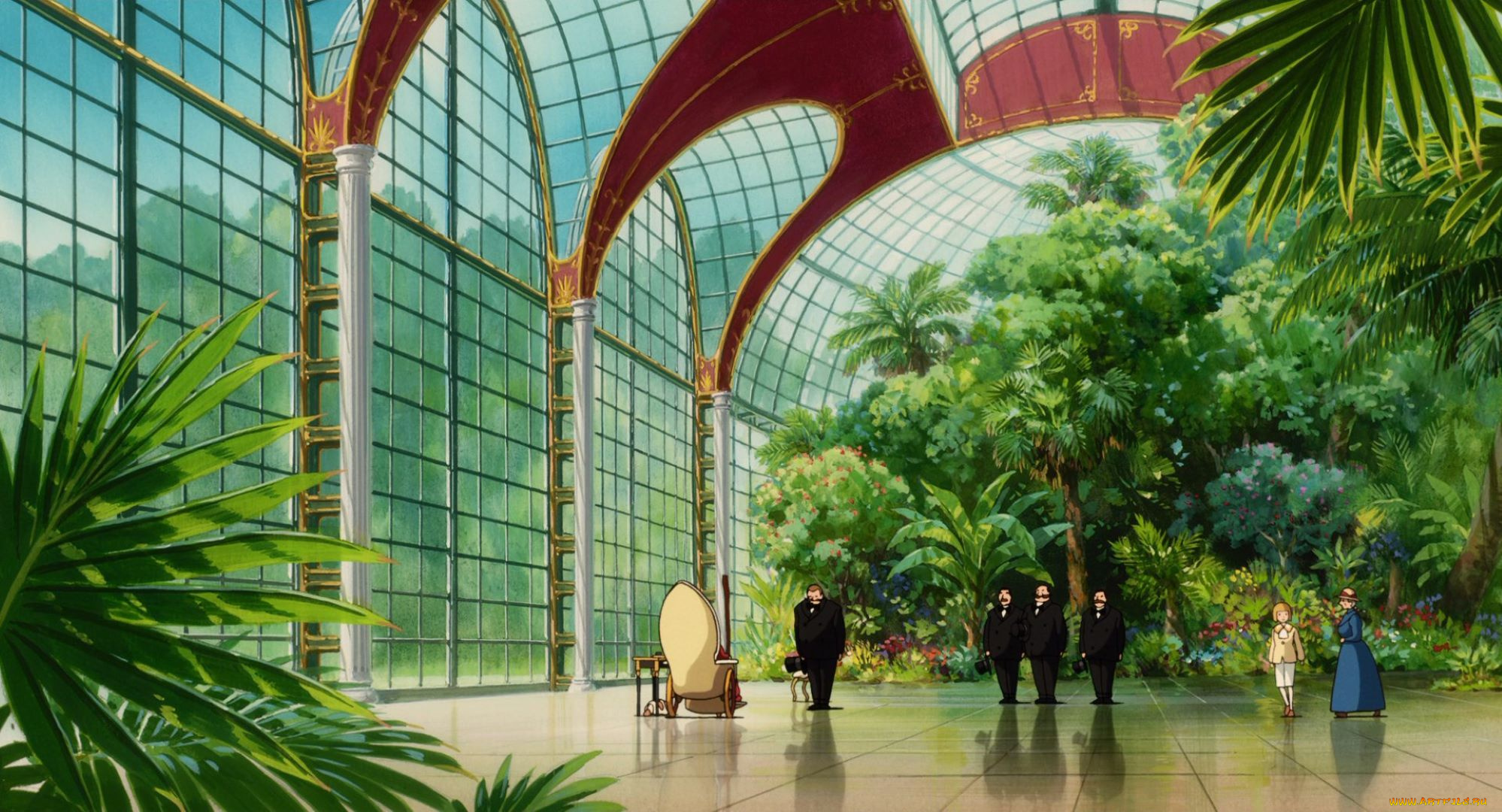 аниме, howl`s, moving, castle, кресло, люди, сад, дворец