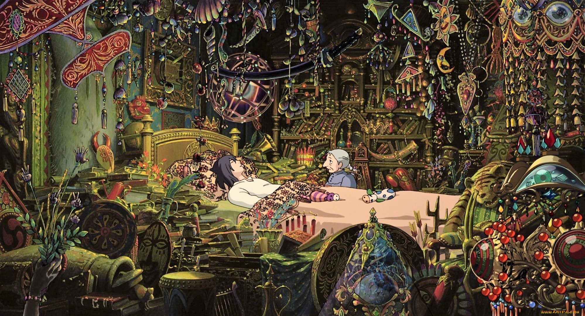аниме, howl`s, moving, castle, мужчина, кровать, старушка, украшения