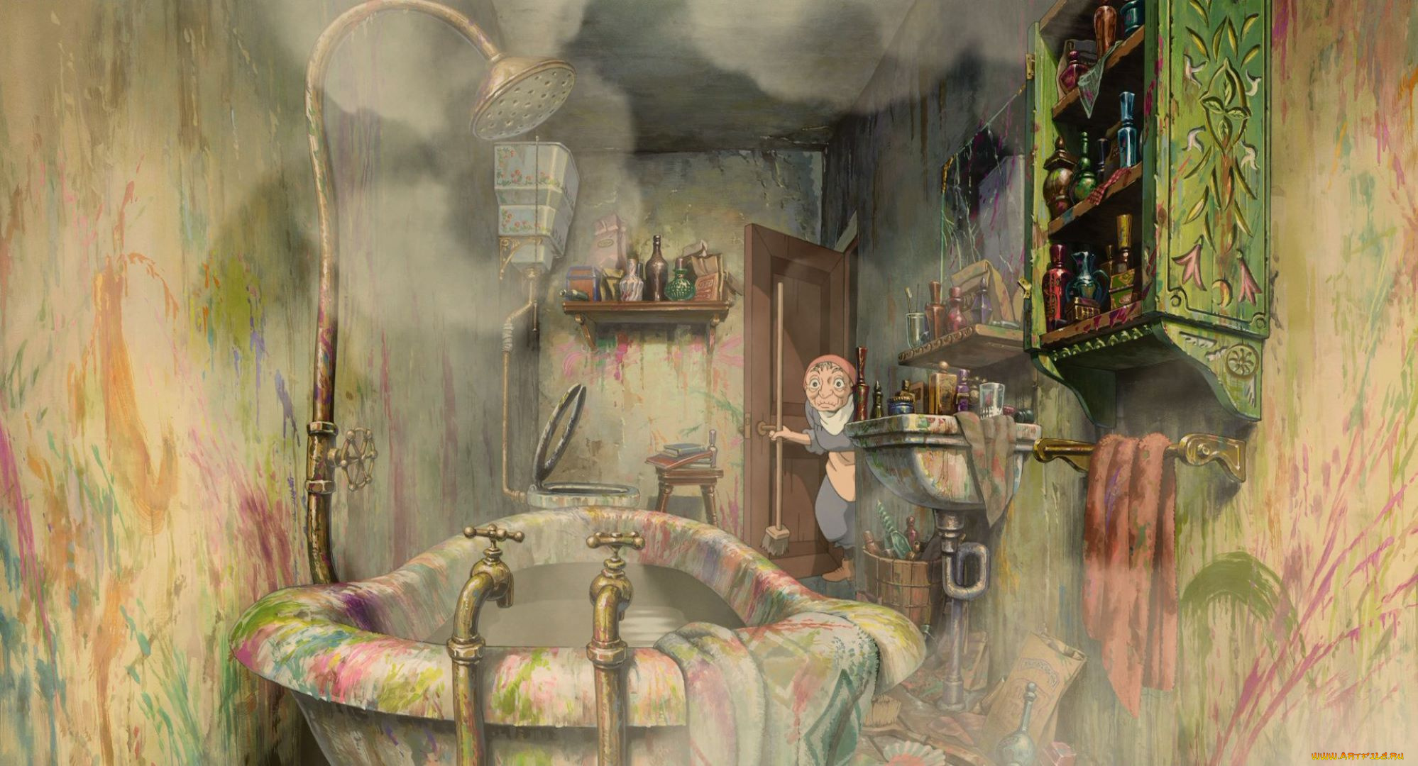 аниме, howl`s, moving, castle, старушка, ванная, краска