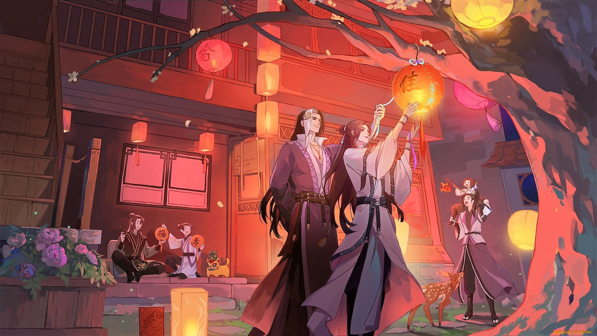 аниме, unknown, , другое, , люди, дети, фонари, дом, дерево