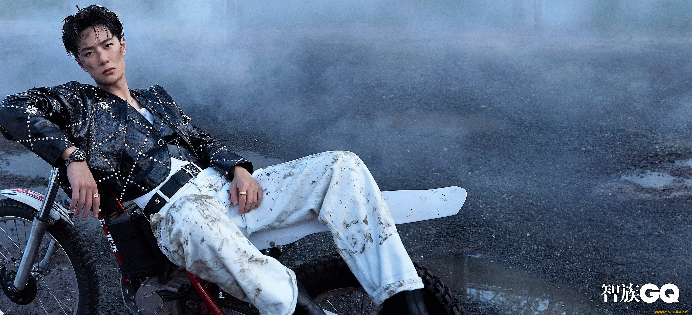 мужчины, wang, yi, bo, актер, певец, мотоцикл, грязь, лужи
