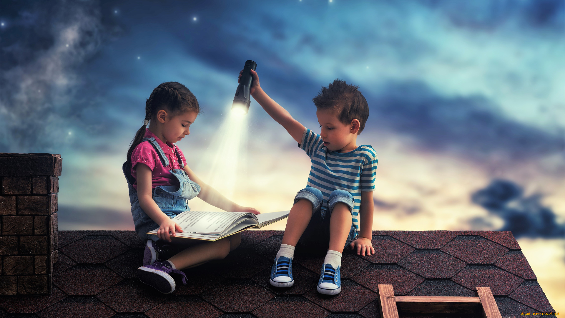разное, дети, девочка, мальчик, книга, фонарь, крыша