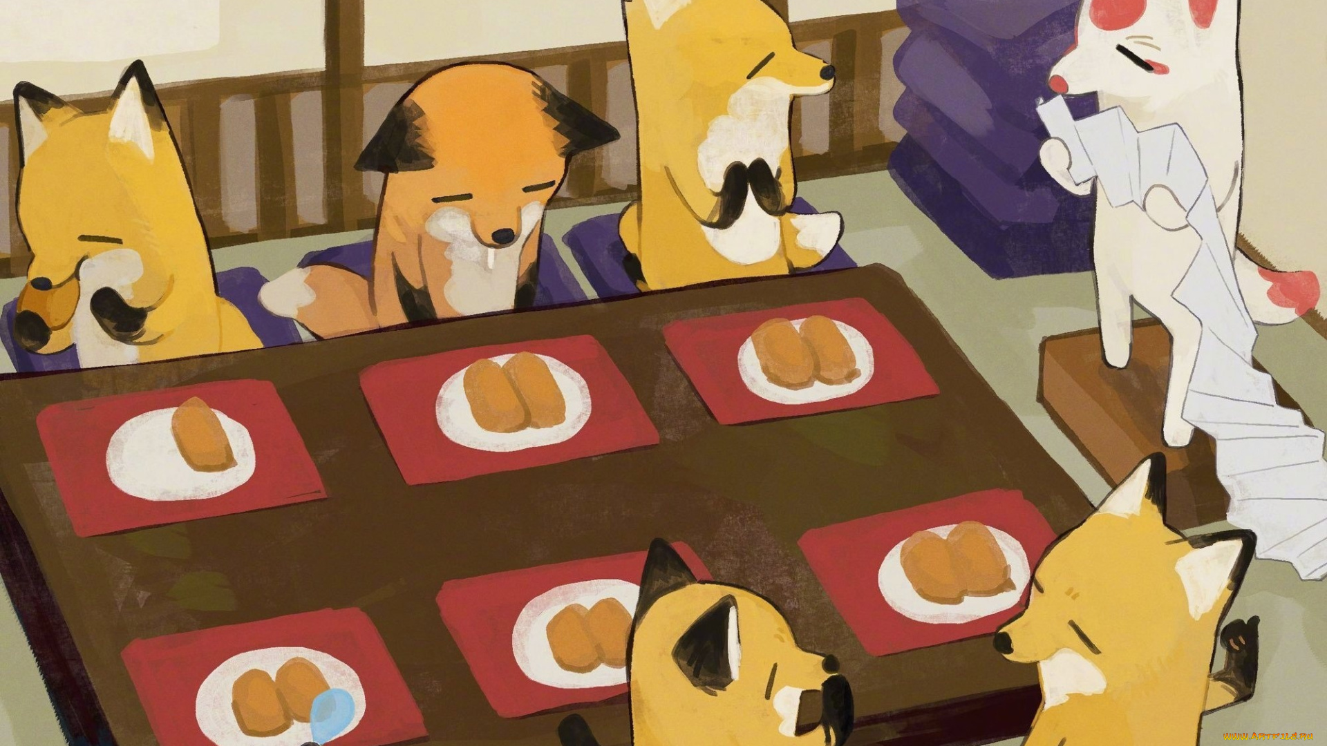 рисованное, животные, , лисы, лисы, еда