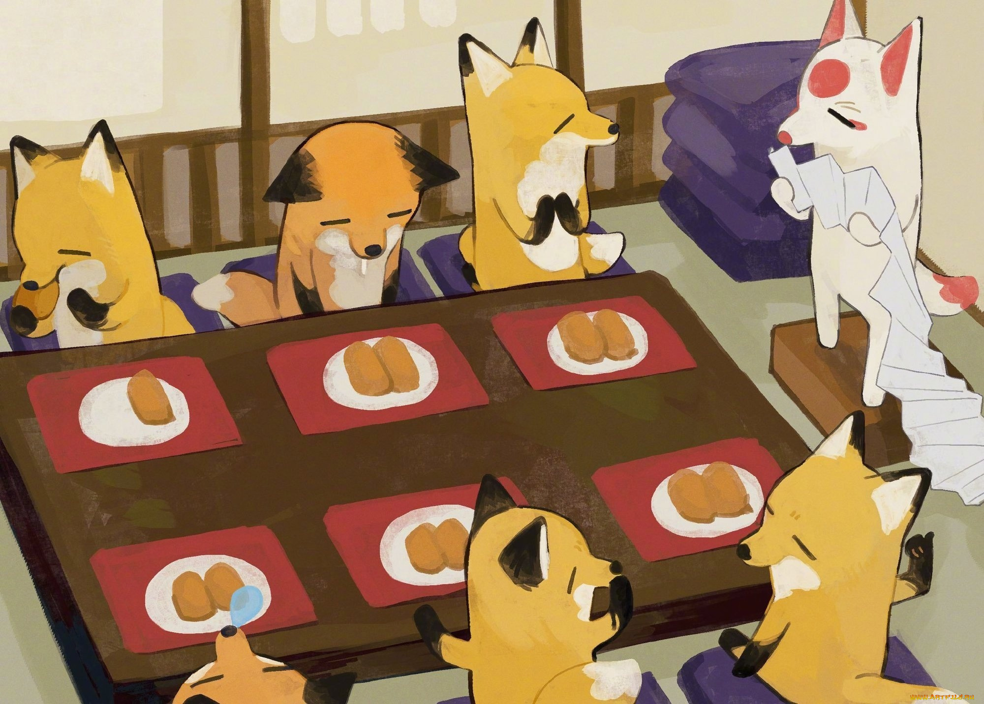 рисованное, животные, , лисы, лисы, еда