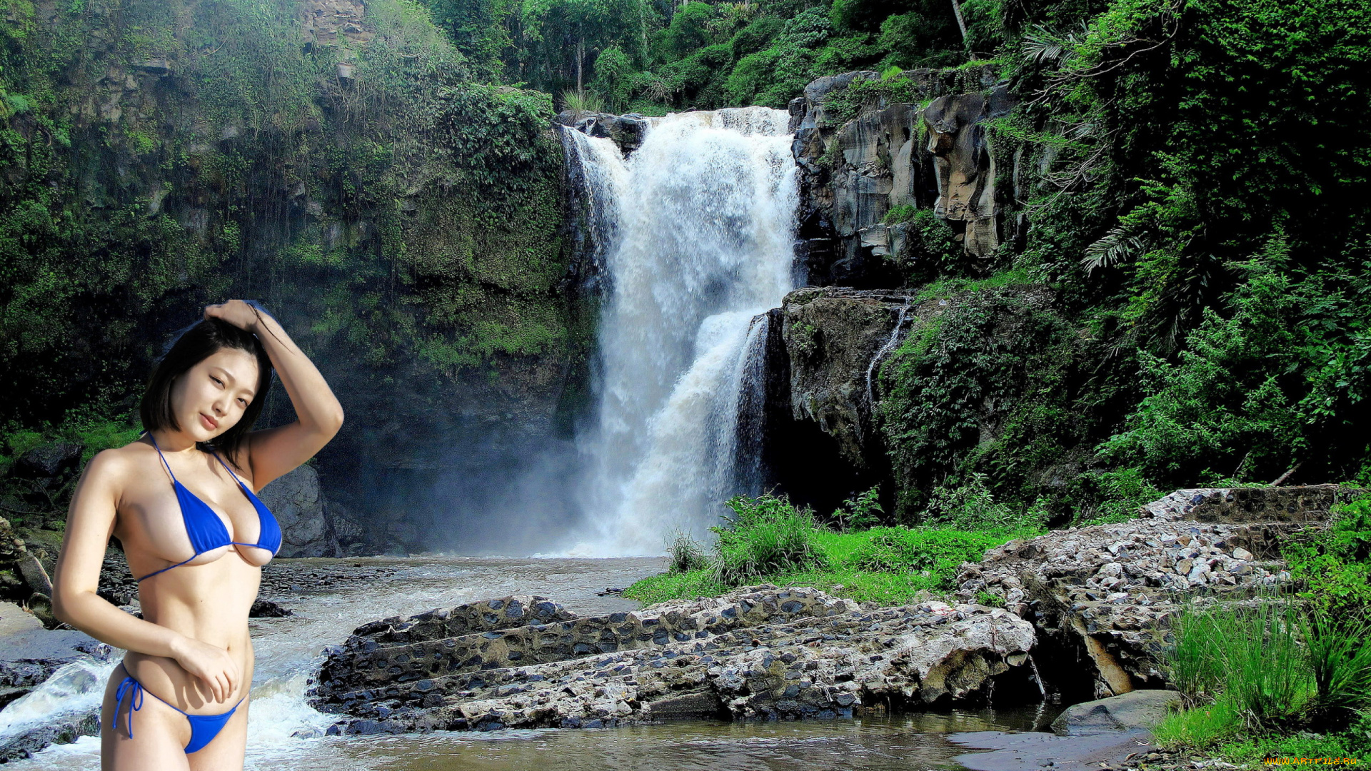 девушки, -, азиатки, азиатка, бикини, водопад