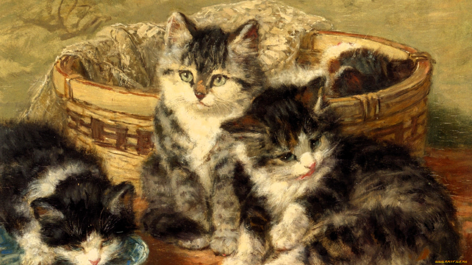 рисованное, henriette, ronner-knip, котята, блюдце, корзина