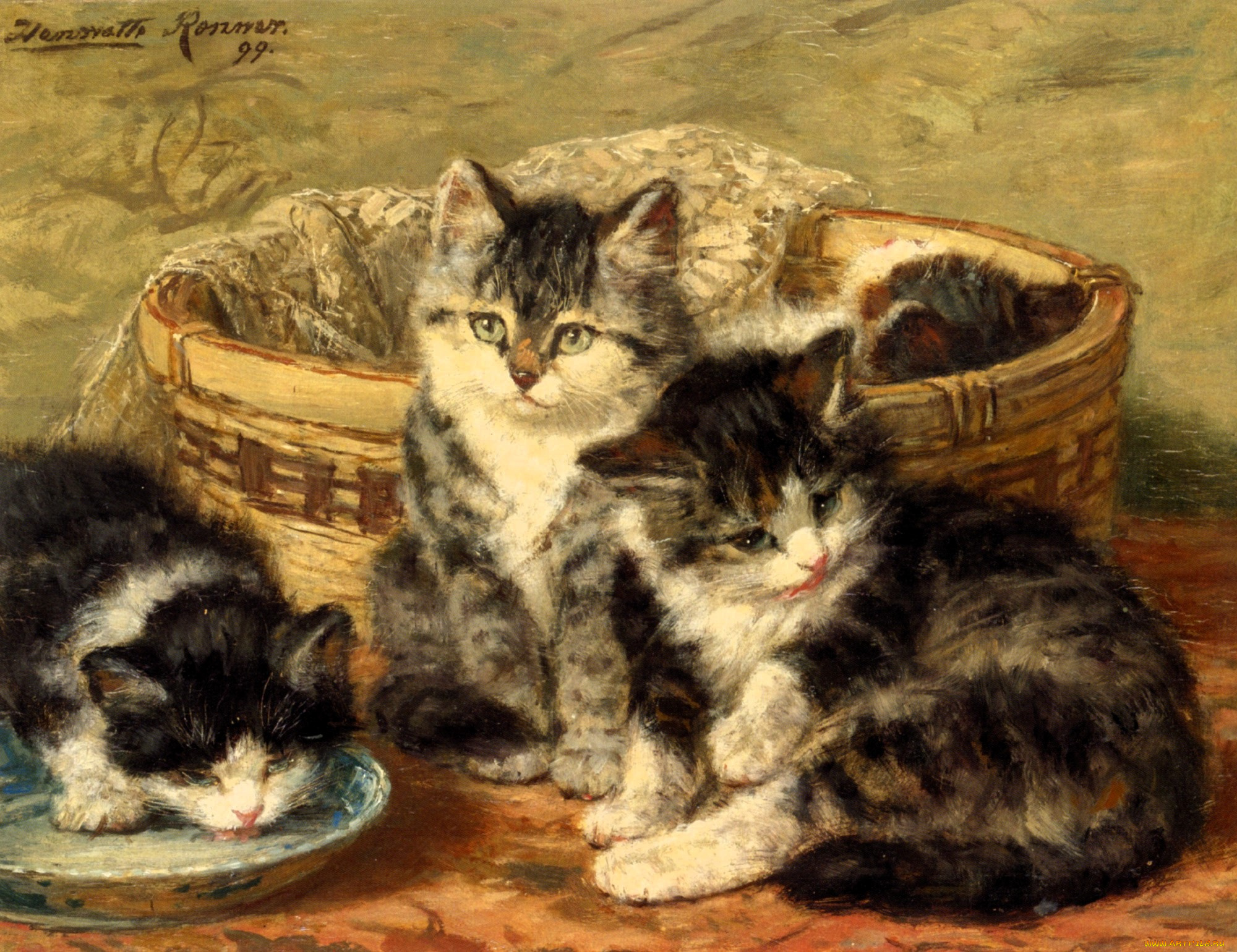 рисованное, henriette, ronner-knip, котята, блюдце, корзина
