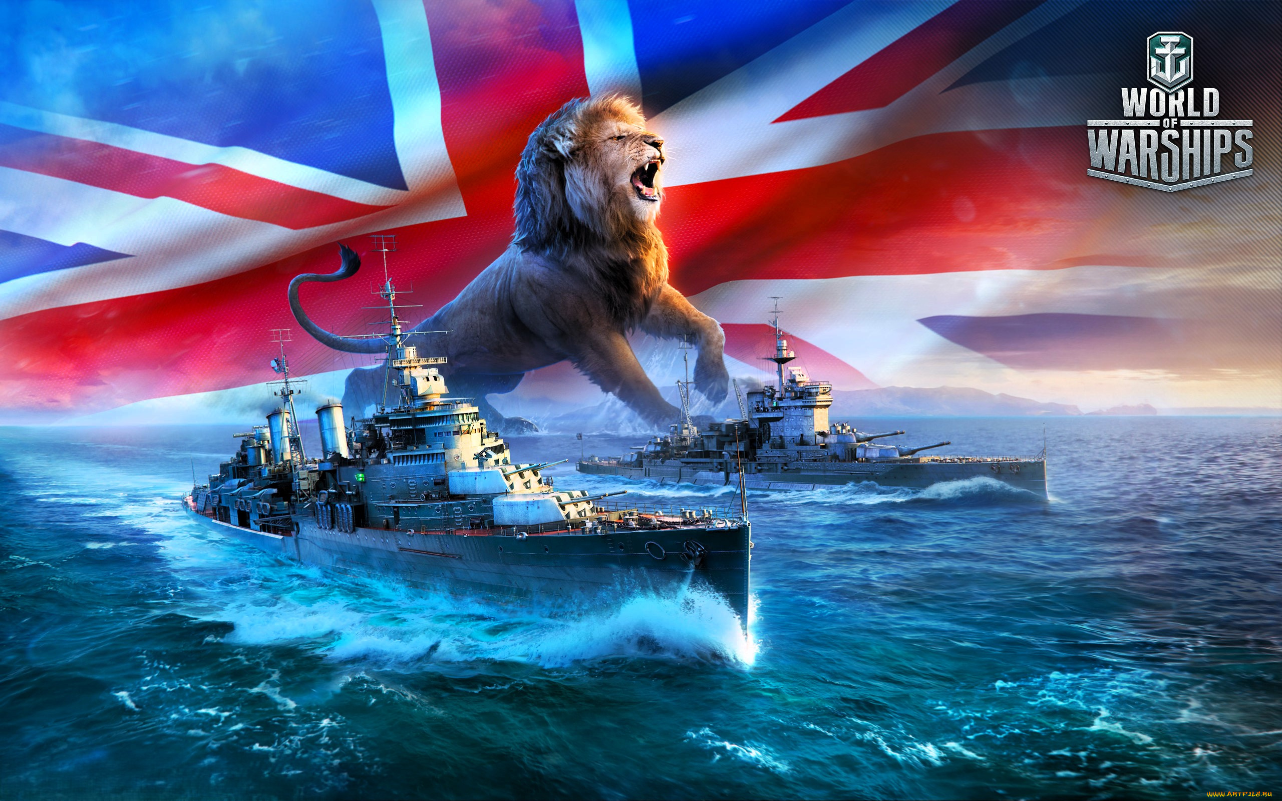 видео, игры, world, of, warships, корабли, море, флаг, великобритания, лев