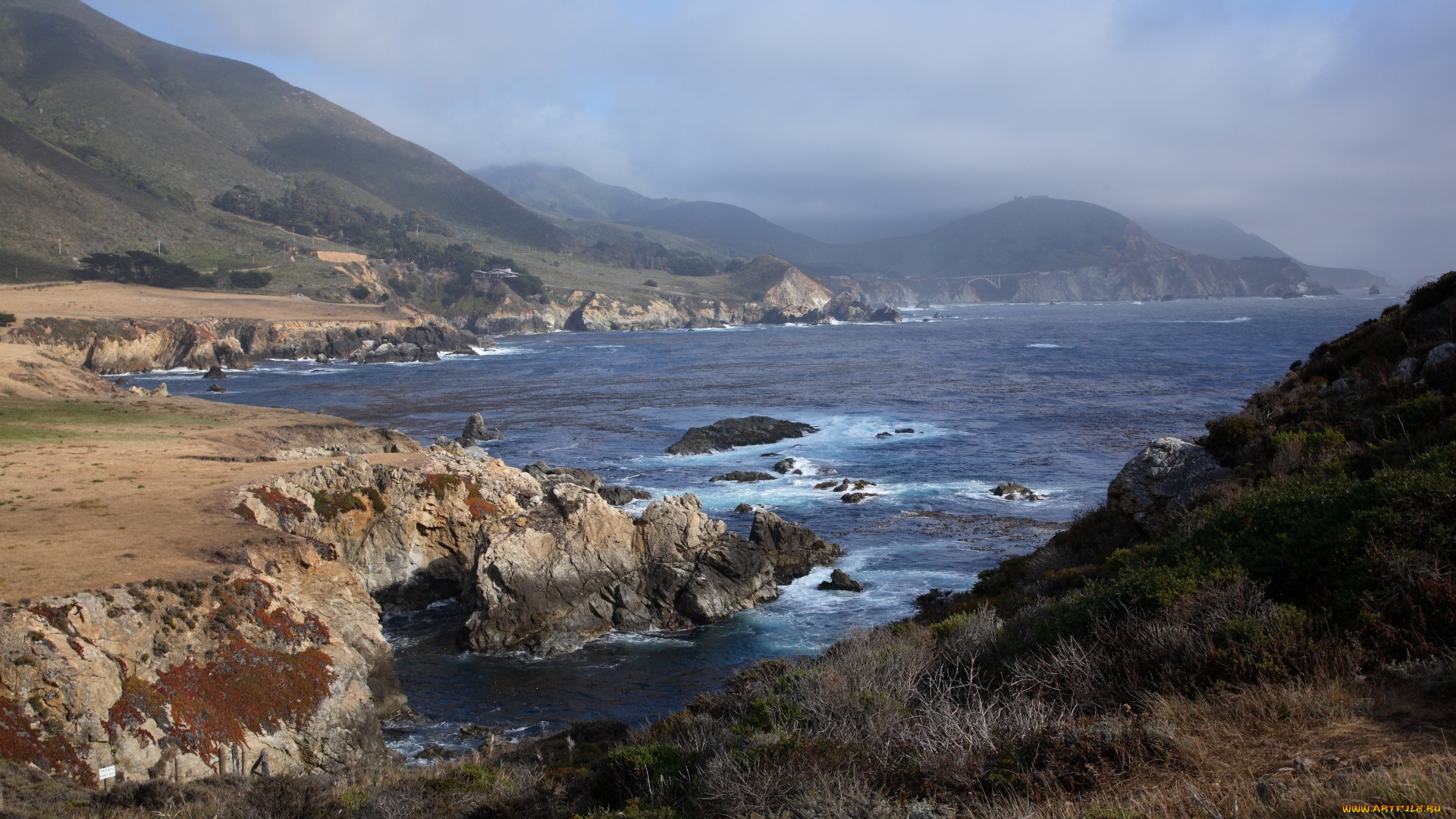 природа, побережье, камни, горы, залив, море