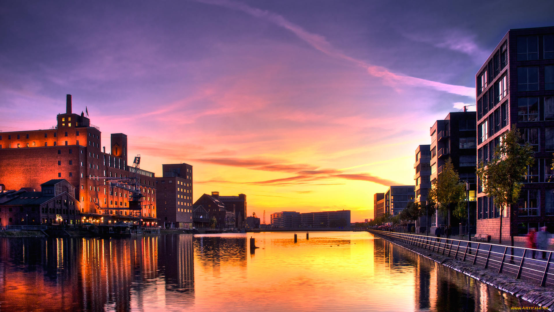 sundown, города, улицы, площади, набережные, город, река, закат, краски