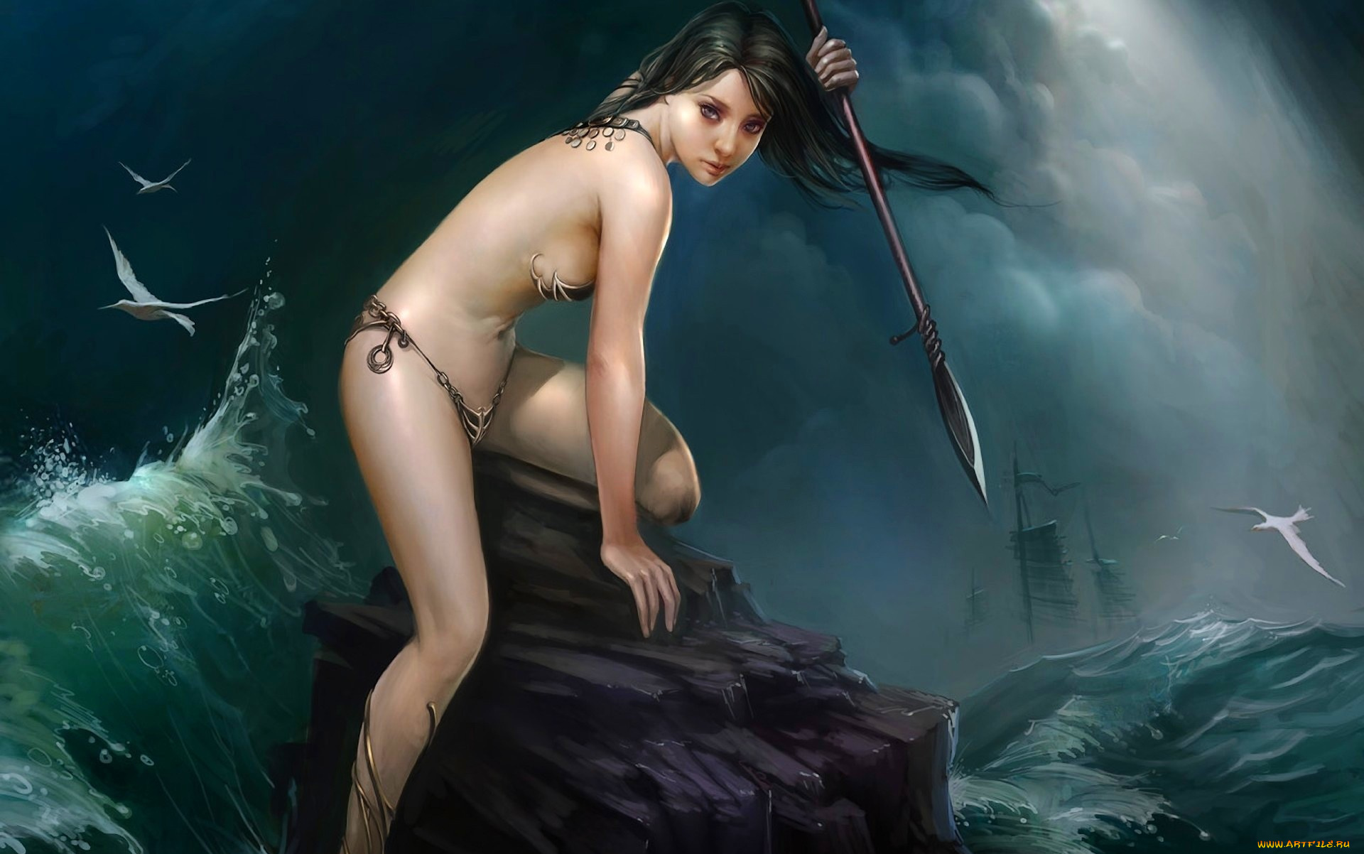 фэнтези, девушки, чайки, копьё, море