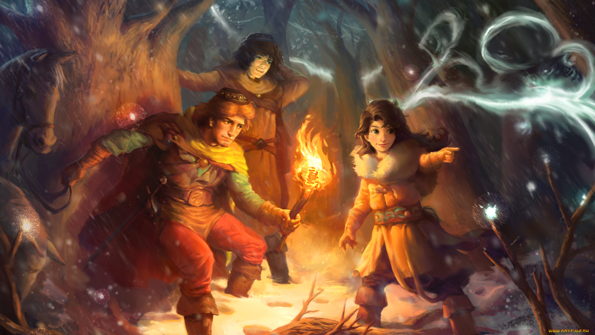 фэнтези, люди, факел, лошадь, зима, лес, дерево