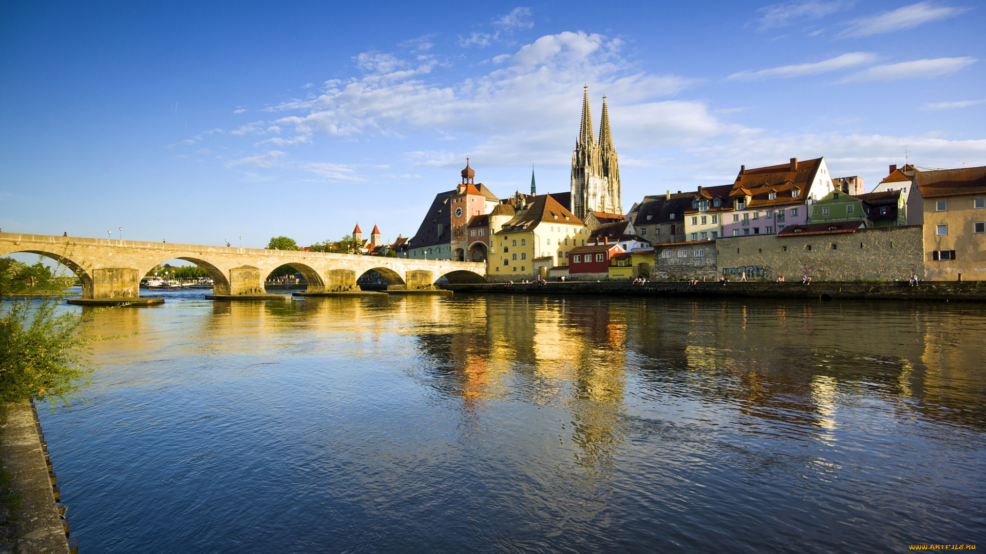города, регенсбург, германия, река, мост, собор