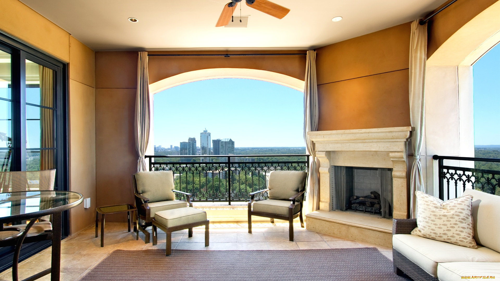 интерьер, гостиная, окна, камин, кресла