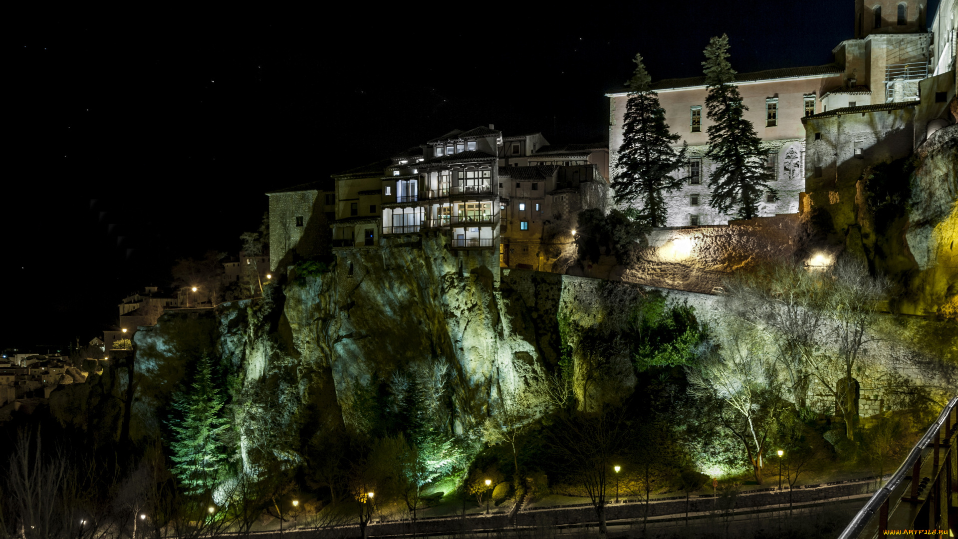 испания, кастилия, куэнка, города, огни, ночного, ночь, дома, улица, скала