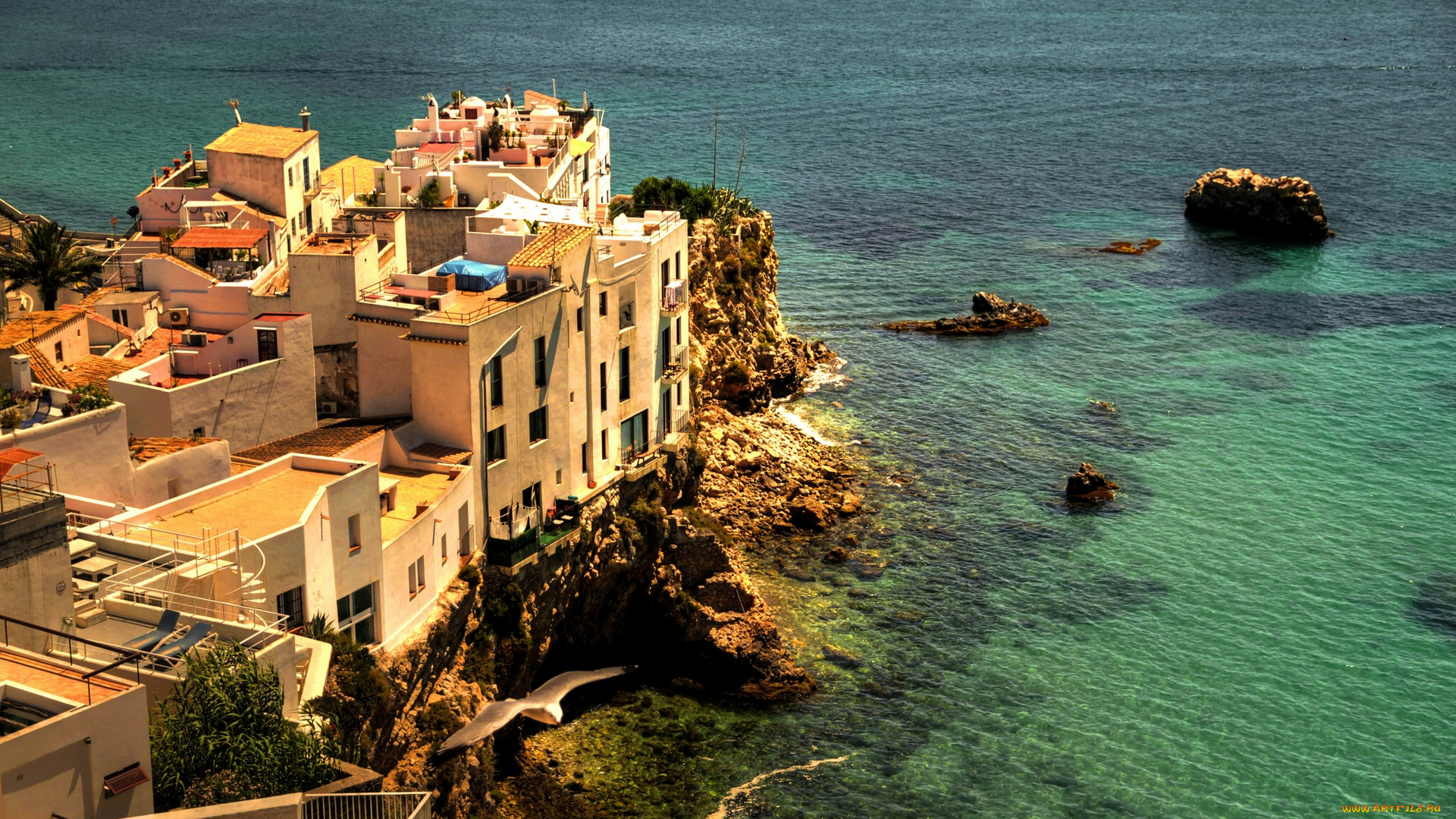 sa, penya, ibiza, spain, города, пейзажи, ибица, испания, скала, море, здания, побережье