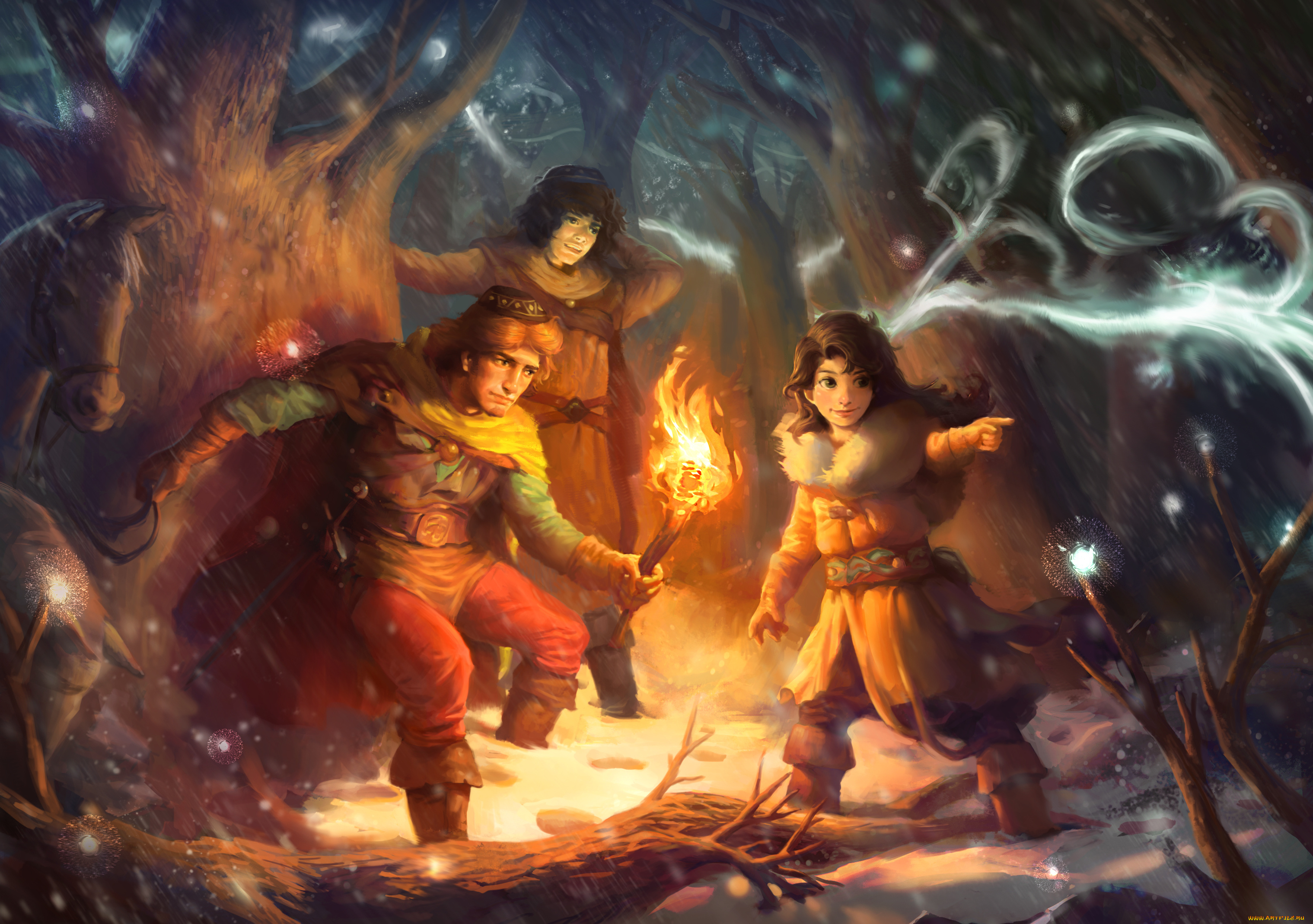 фэнтези, люди, факел, лошадь, зима, лес, дерево