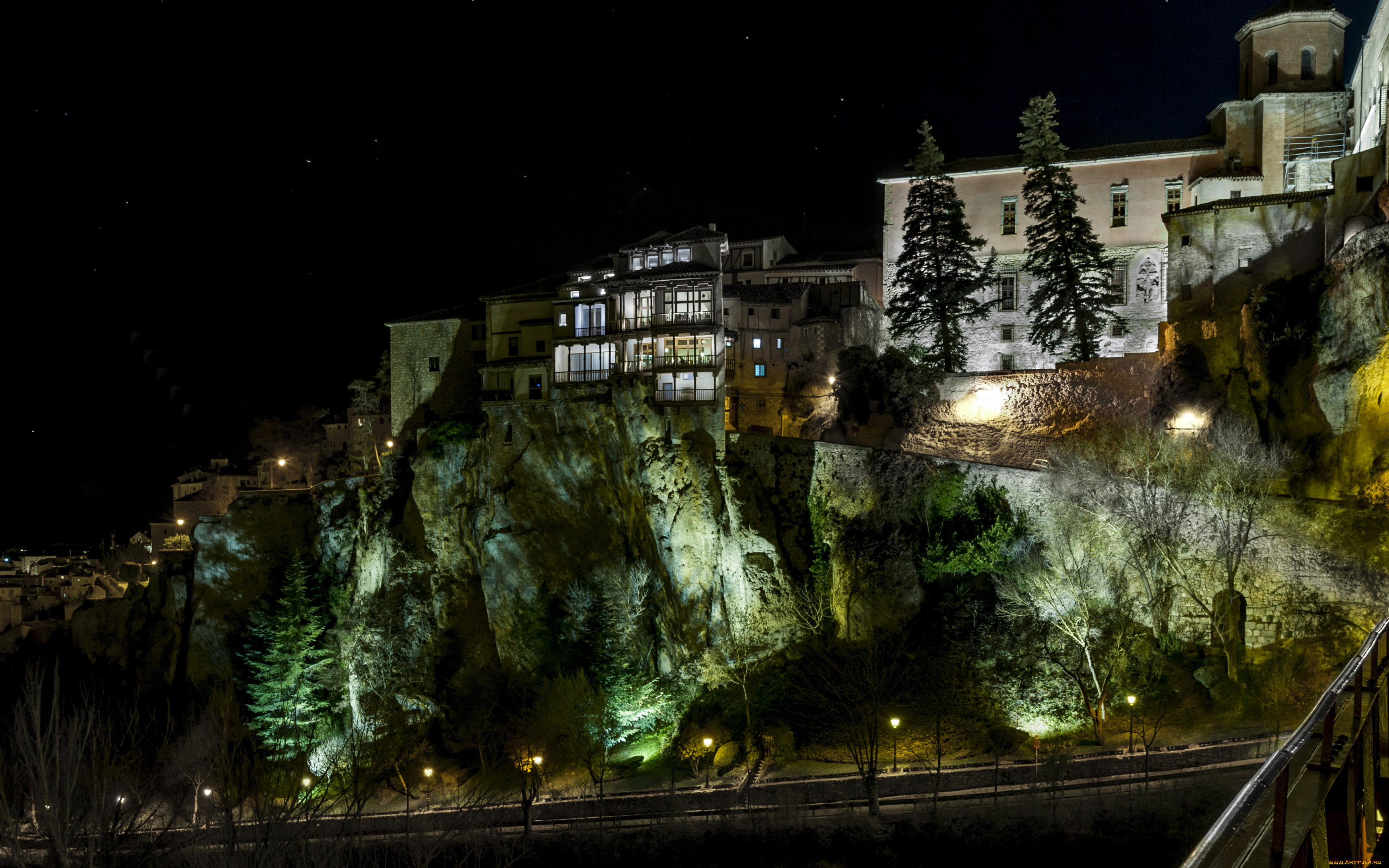 испания, кастилия, куэнка, города, огни, ночного, ночь, дома, улица, скала