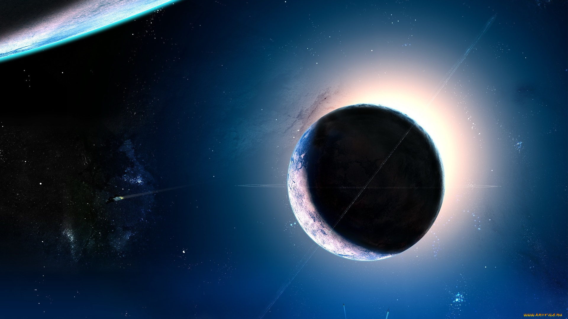 космос, арт, планеты, корабли, следы, свечение, туманность, звезды