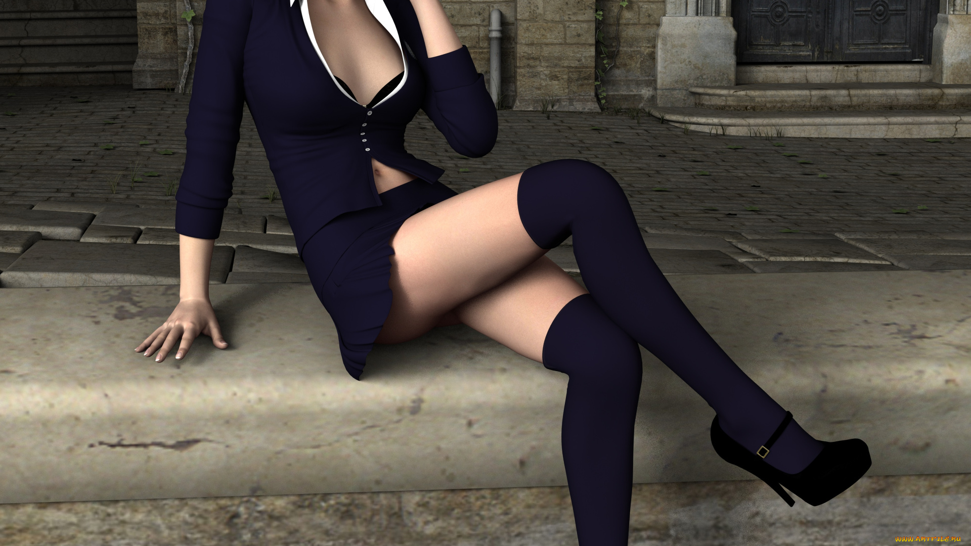 reporter, 3д, графика, люди, , people, сидит, телефон, девушка