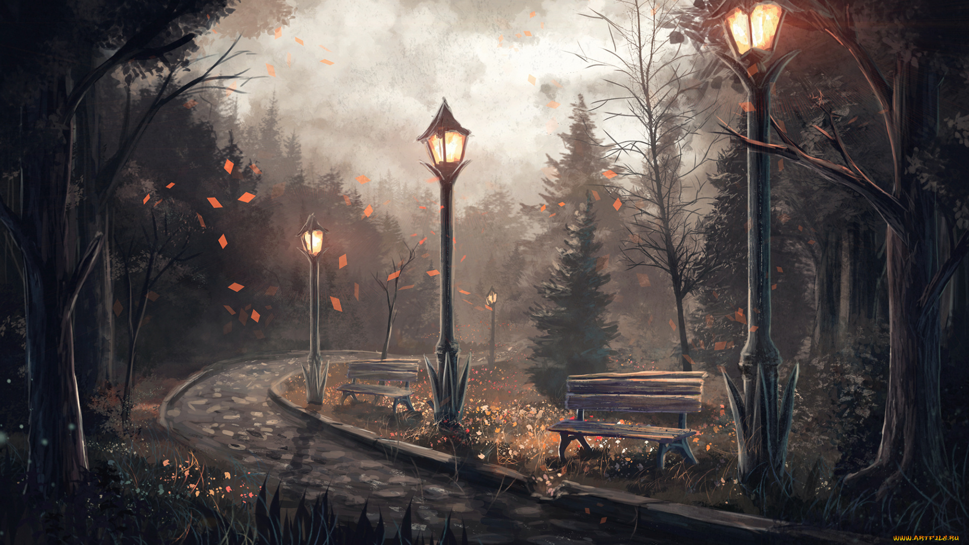рисованные, природа, осень, парк, ели, деревья, фонари