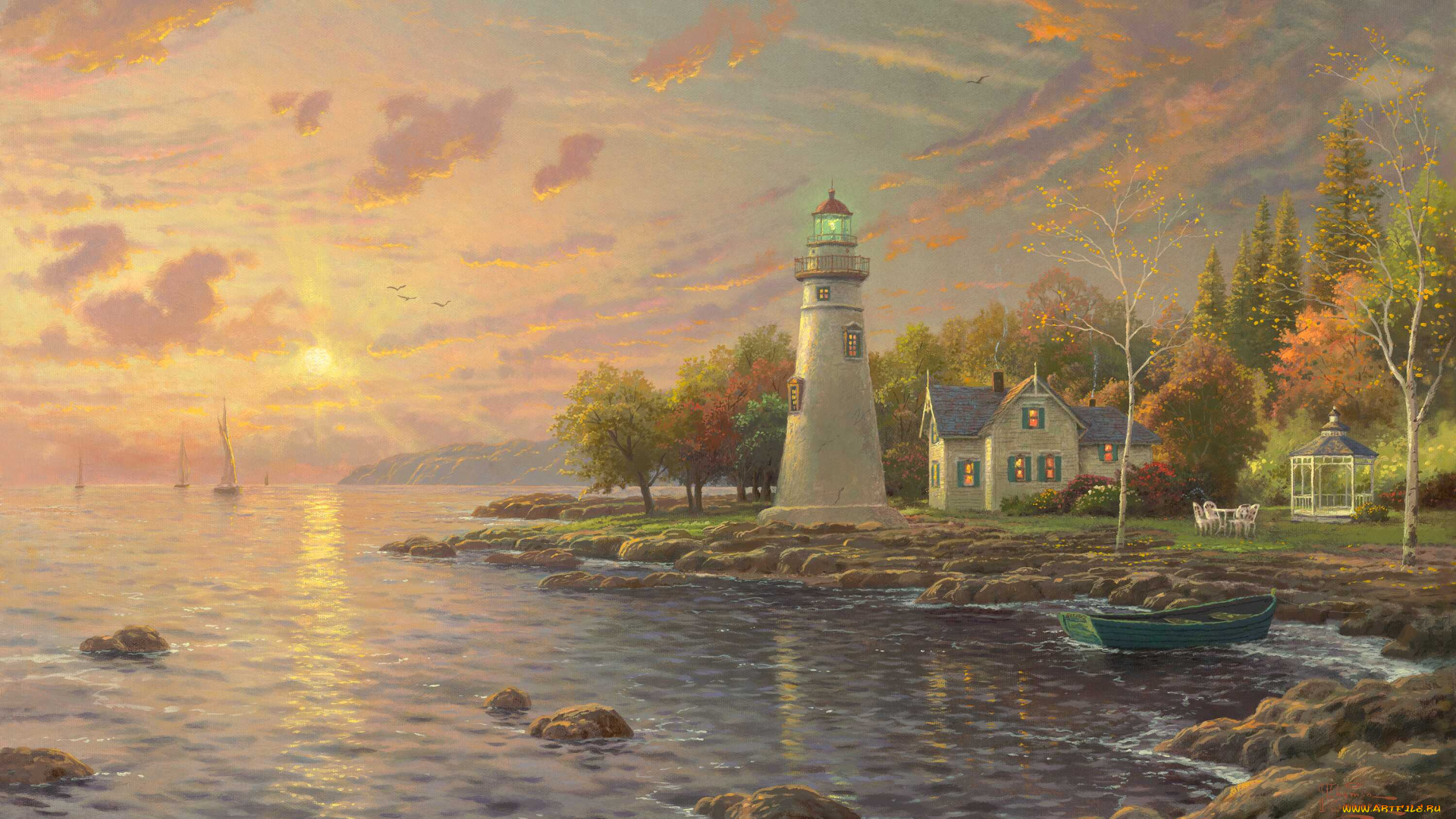 serenity, cove, рисованные, thomas, kinkade, закат, беседка, дом, маяк, озеро