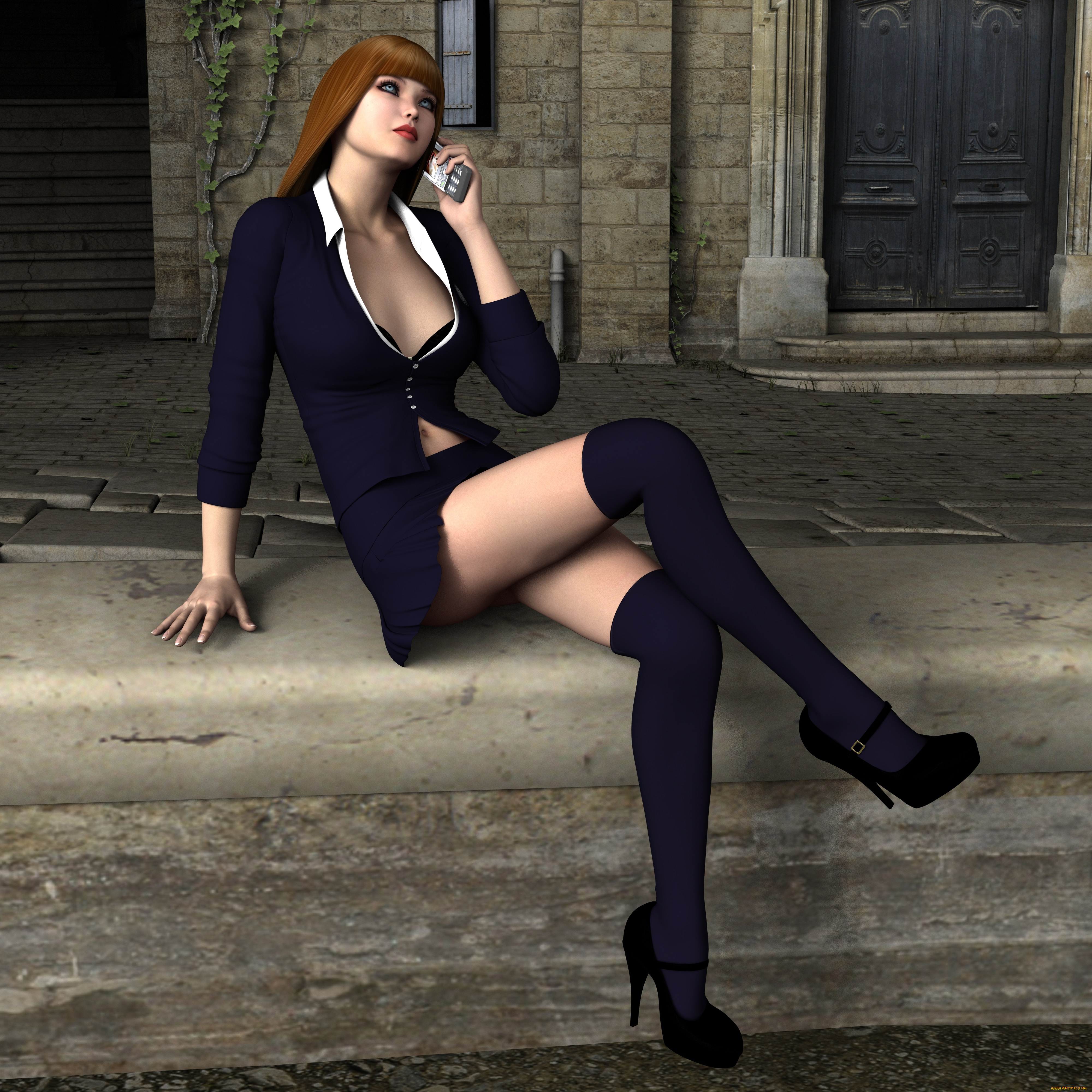 reporter, 3д, графика, люди, , people, сидит, телефон, девушка