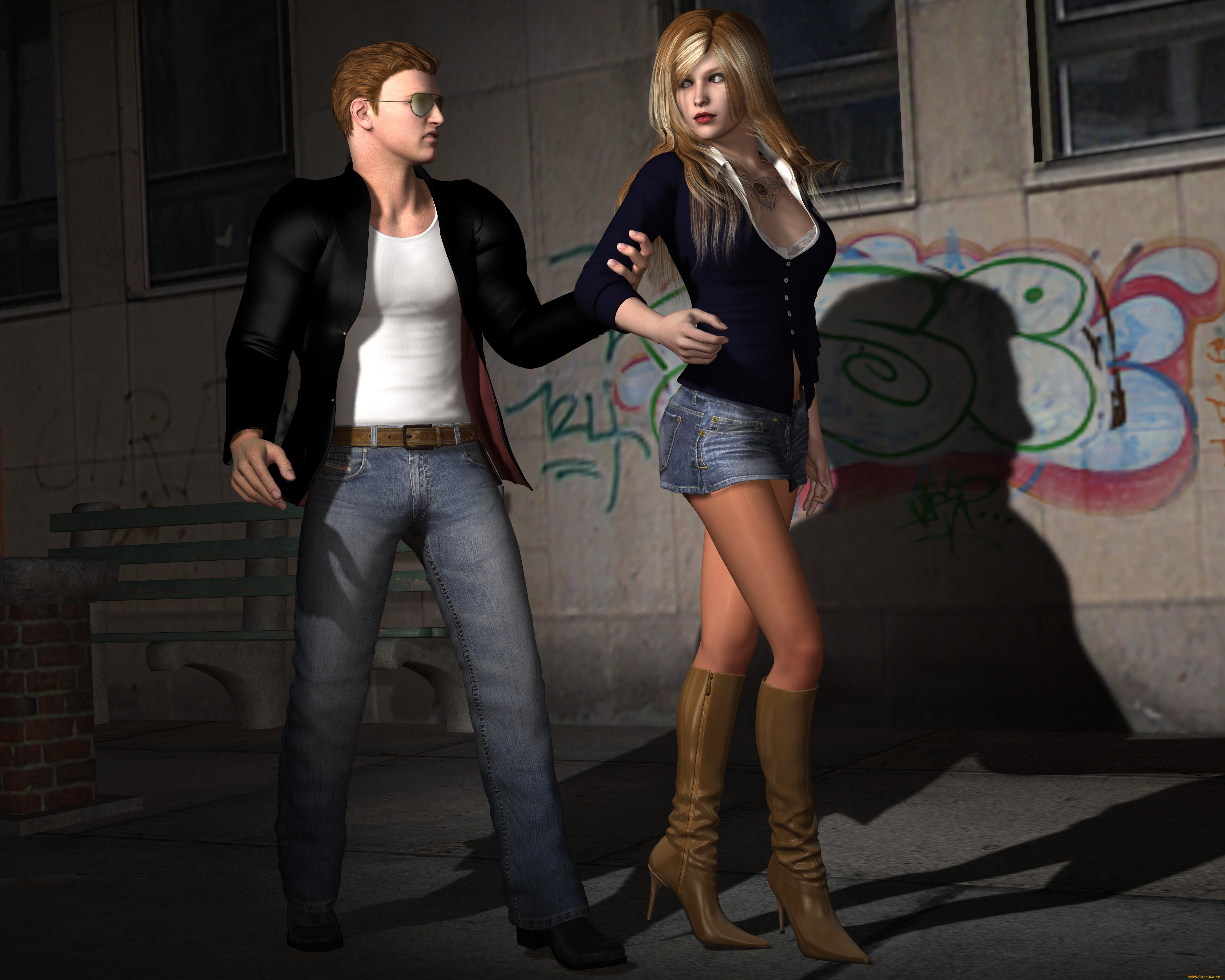 reporter, 3д, графика, люди, , people, мужчина, девушка, улица, ночь