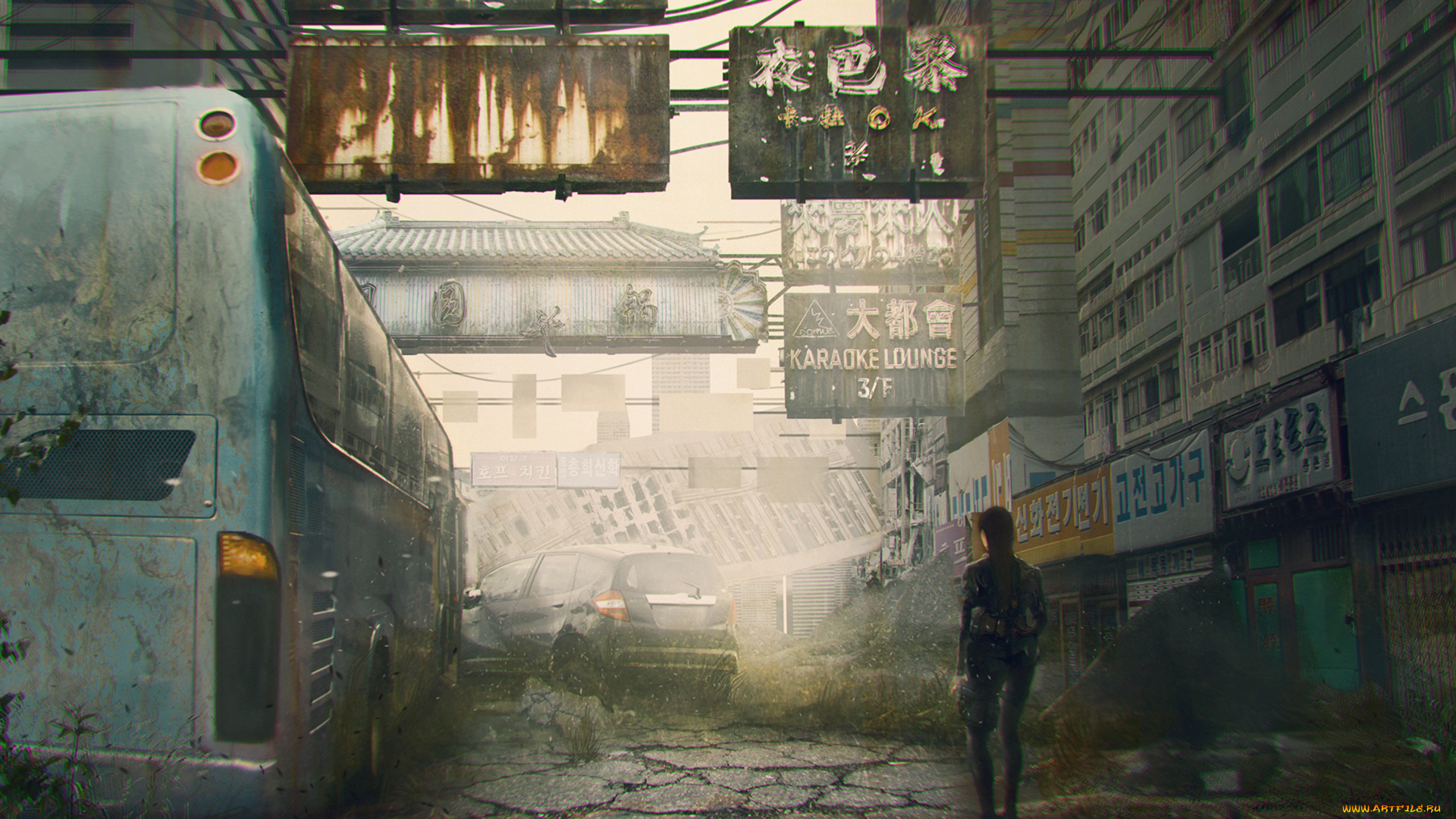 фэнтези, иные, миры, , иные, времена, улица, машина, руины, postapocalypse, автобус, женщина, человек, город