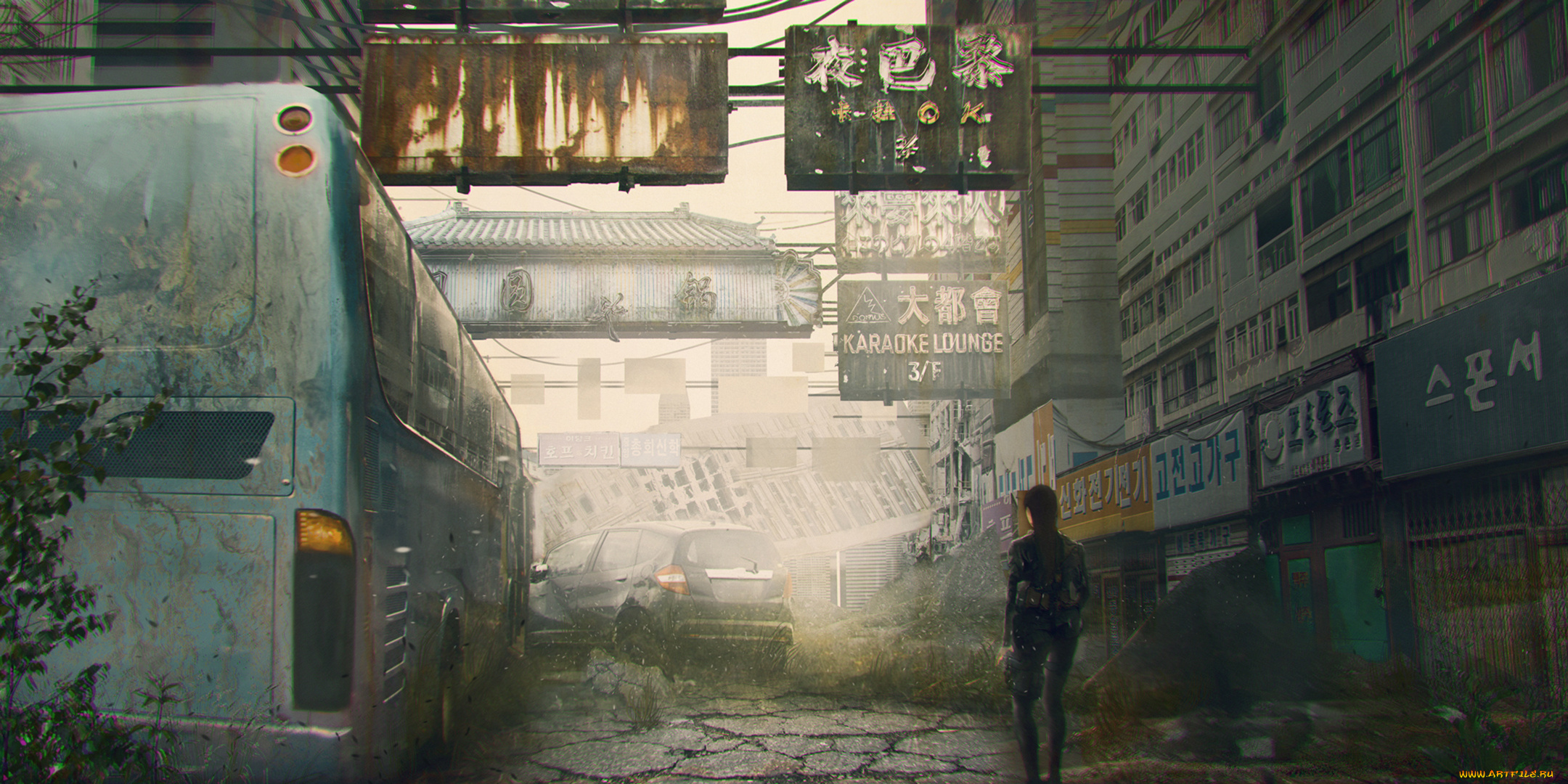 фэнтези, иные, миры, , иные, времена, улица, машина, руины, postapocalypse, автобус, женщина, человек, город