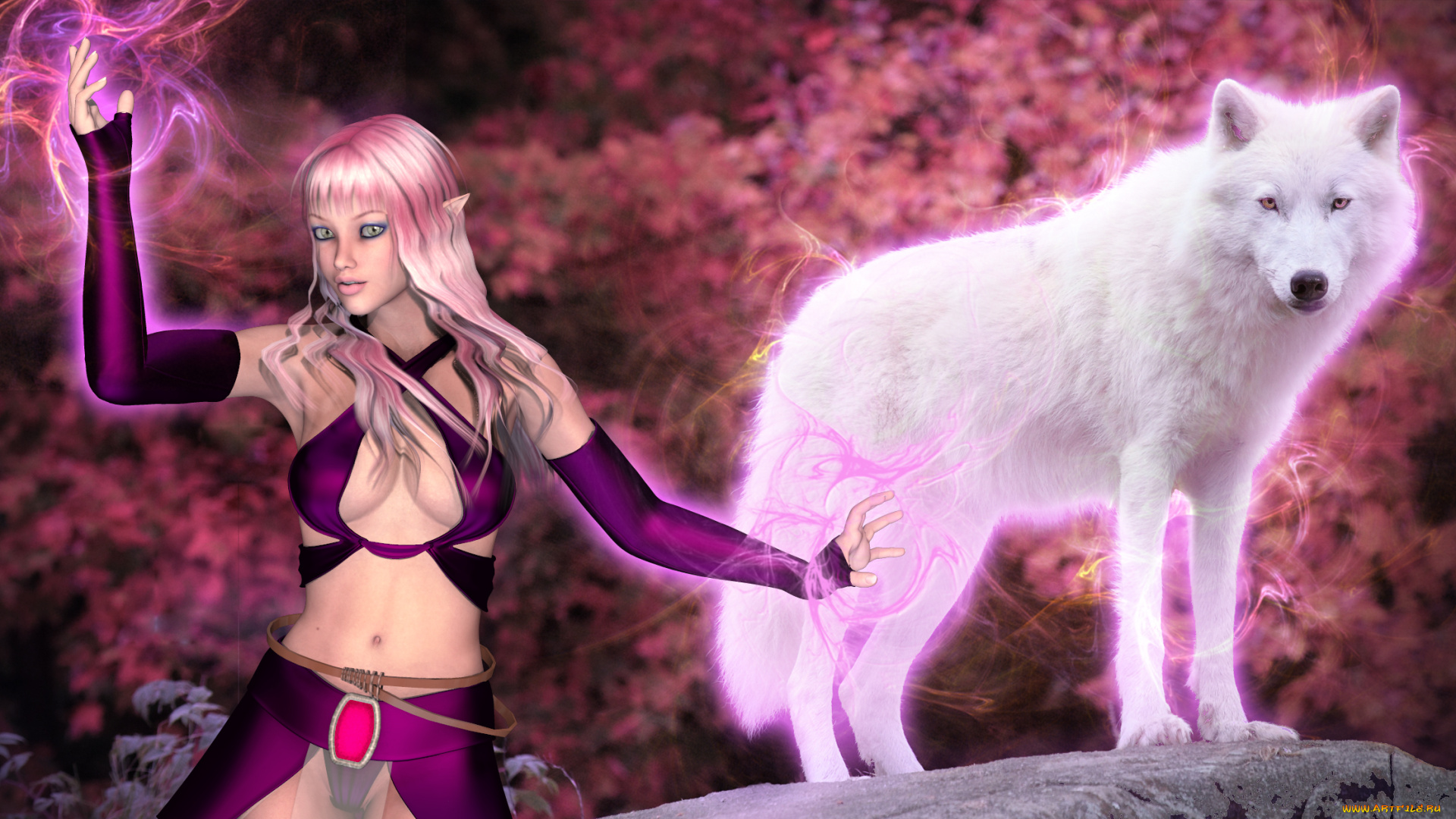 3д, графика, эльфы, , elves, эльфийка, взгляд, фон, волк