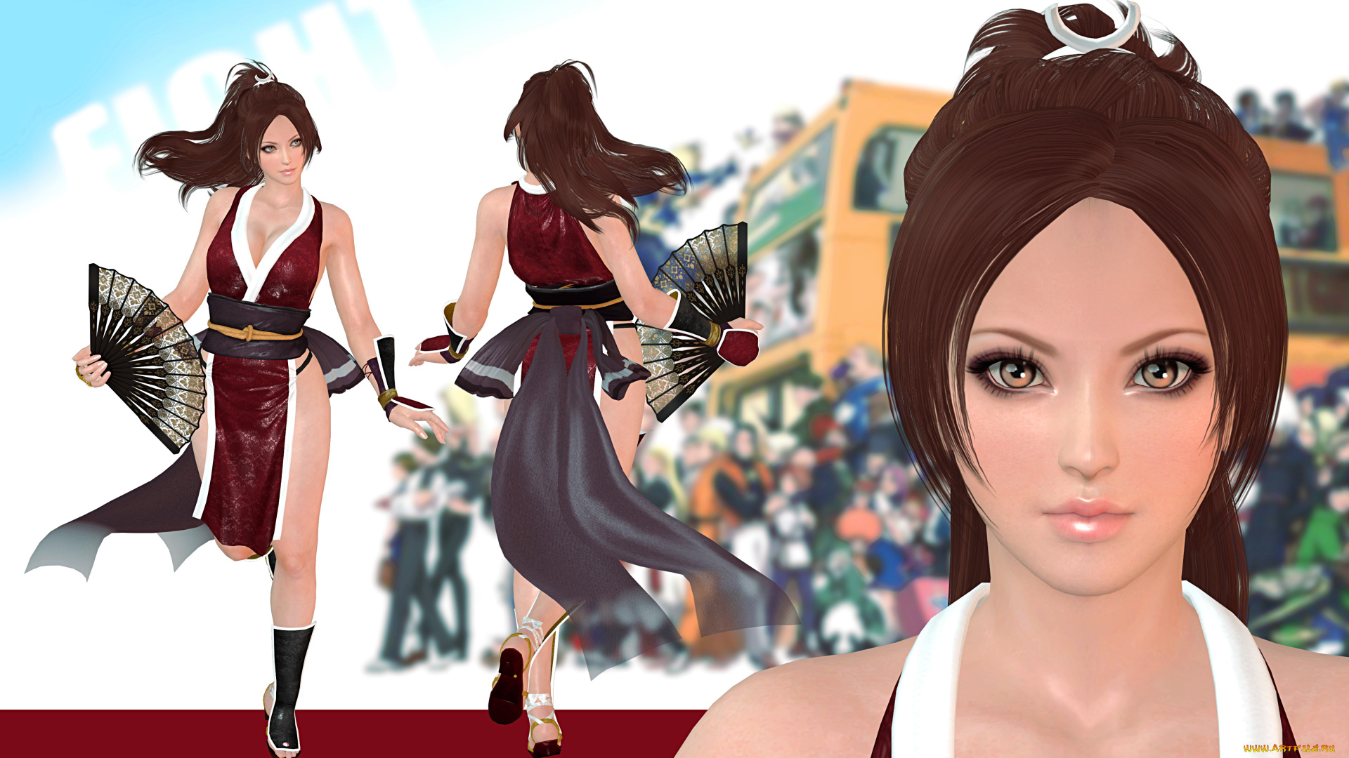 3д, графика, люди, , people, девушка, кимоно, веер, фон, взгляд