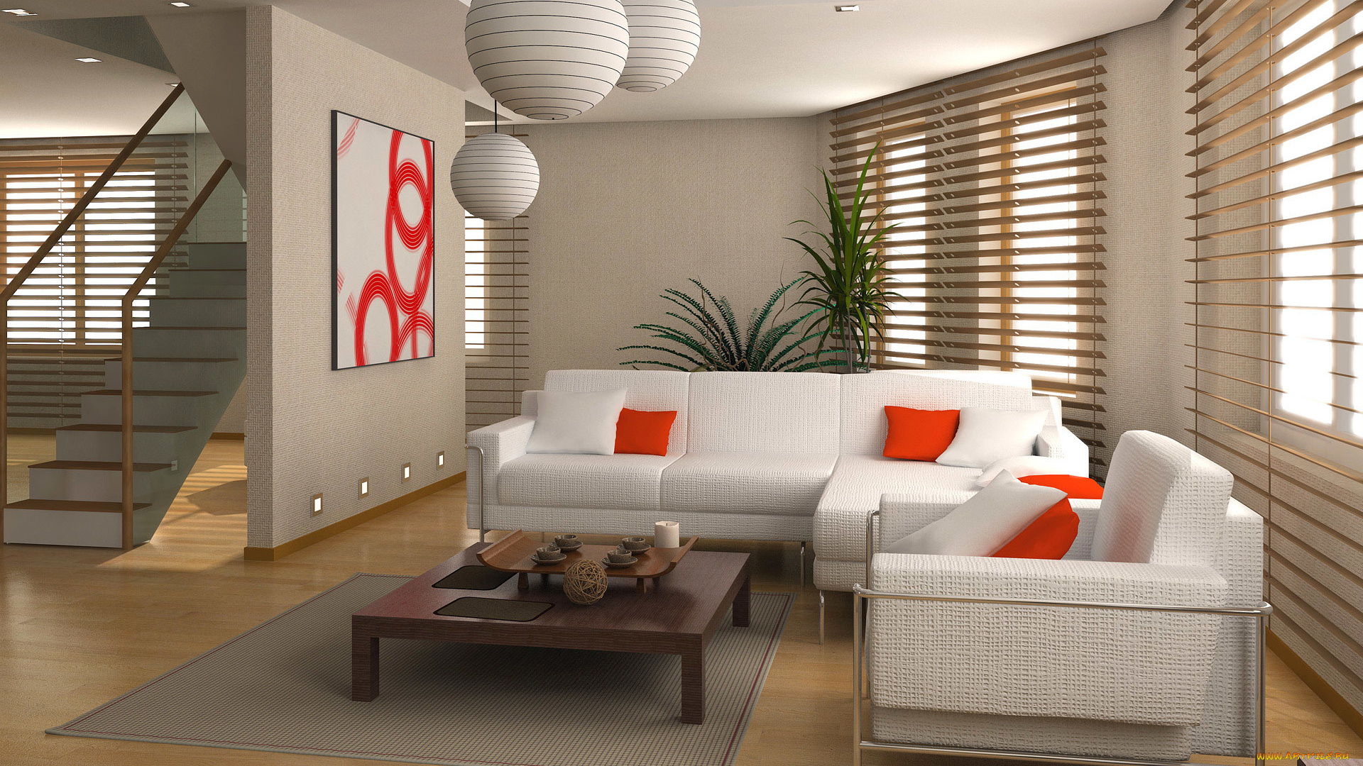 3д, графика, реализм, , realism, лестница, кресло, диван, гостиная, столик