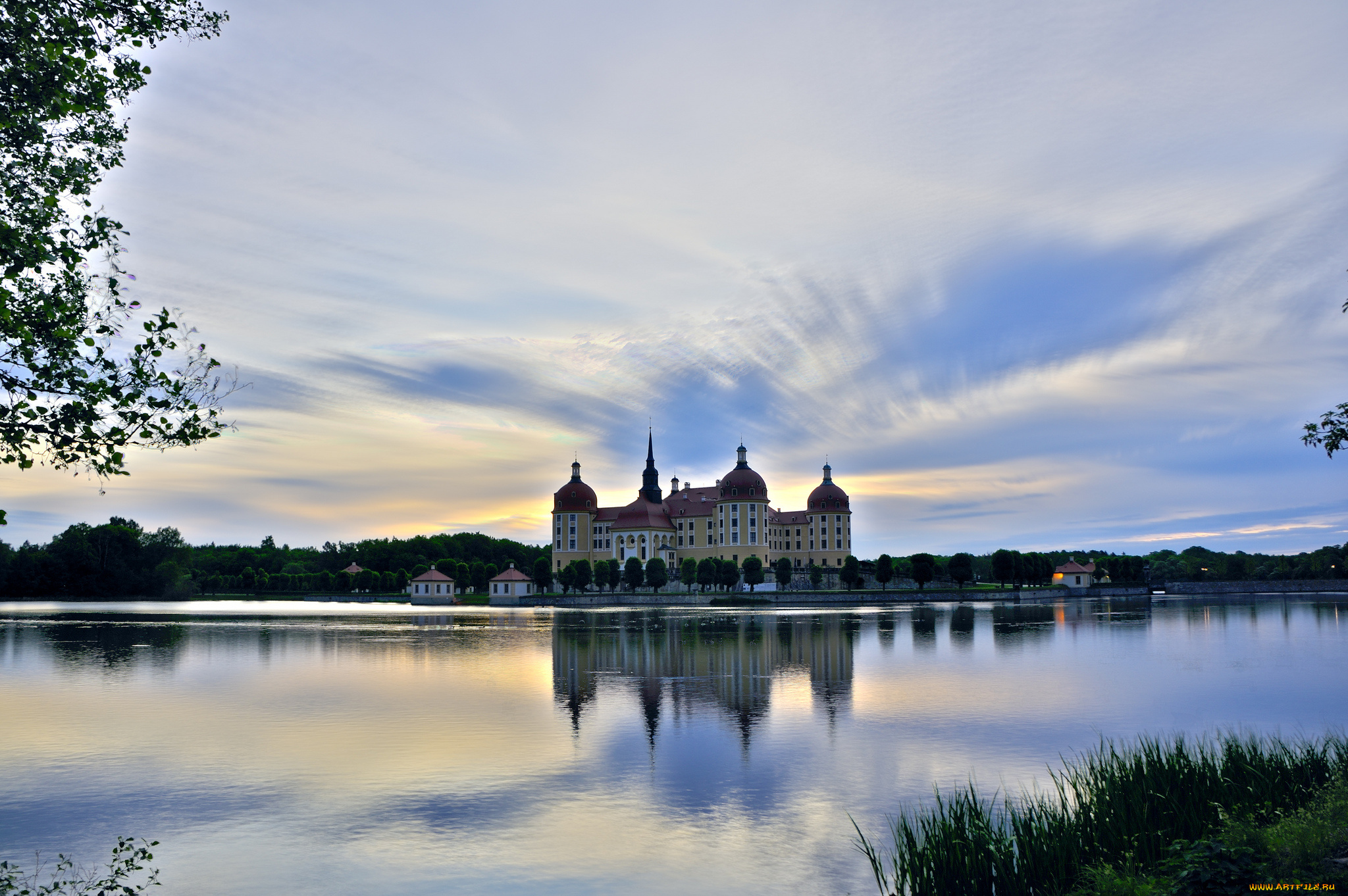 города, замок, морицбург, , германия, вечер, озеро, небо, замок, морицбург, деревья